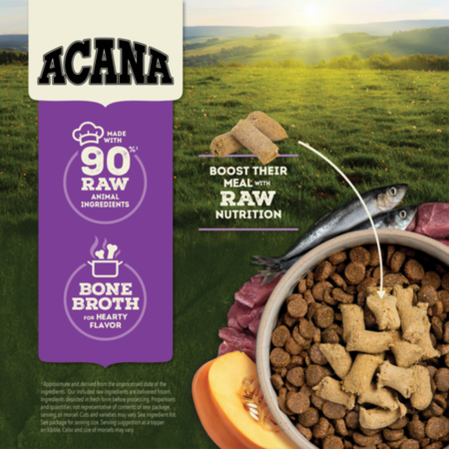 Graphic showing Acana freeze-dried duck morsels served over kibble with whole herring and raw meat beside the bowl, promoting “Boost Their Meal With Raw Nutrition” and “Made with 90% Raw Animal Ingredients.”