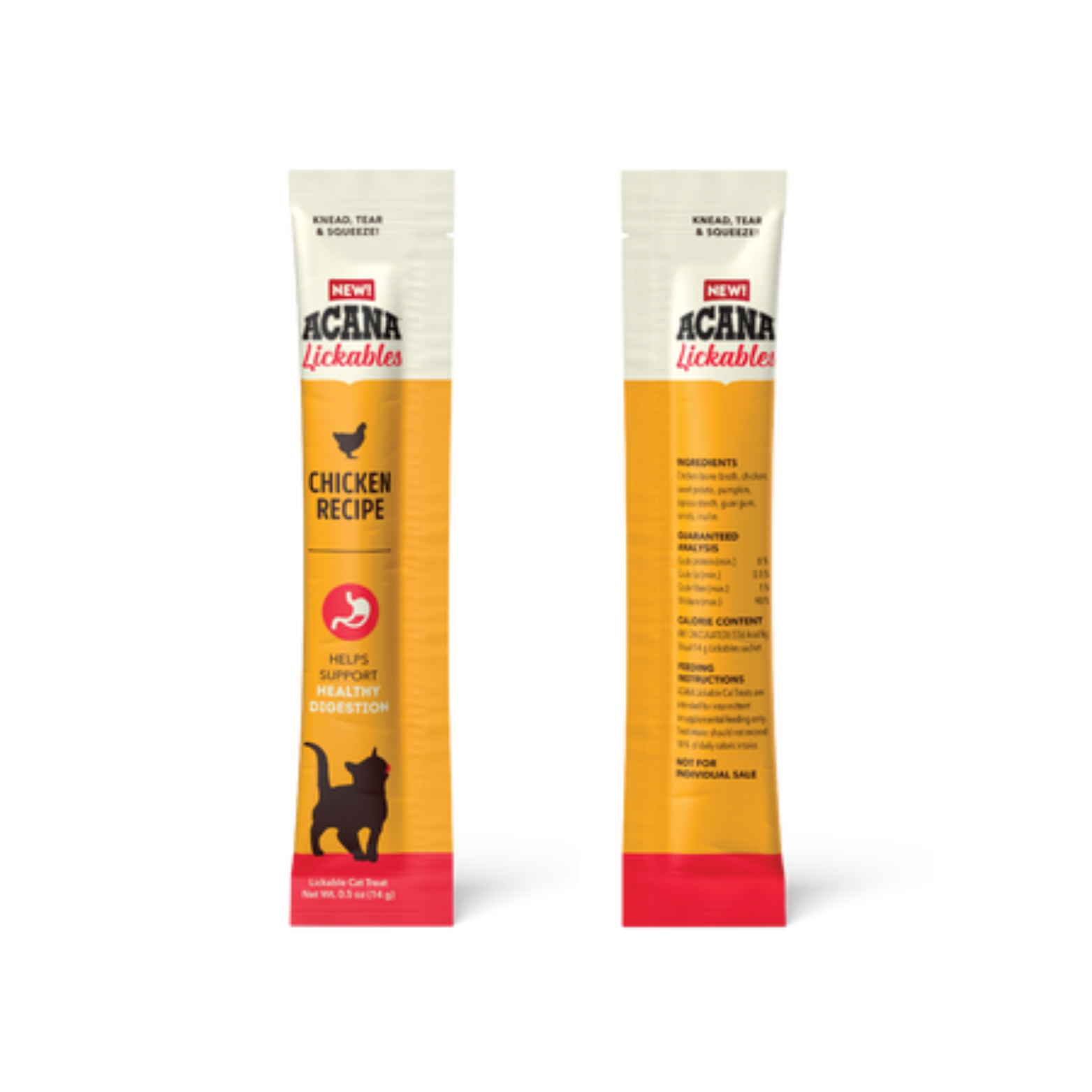 Front and back views of an ACANA Lickables Chicken Recipe sachet on a black background, showing branding, digestive health icon, and ingredient and nutrition information.