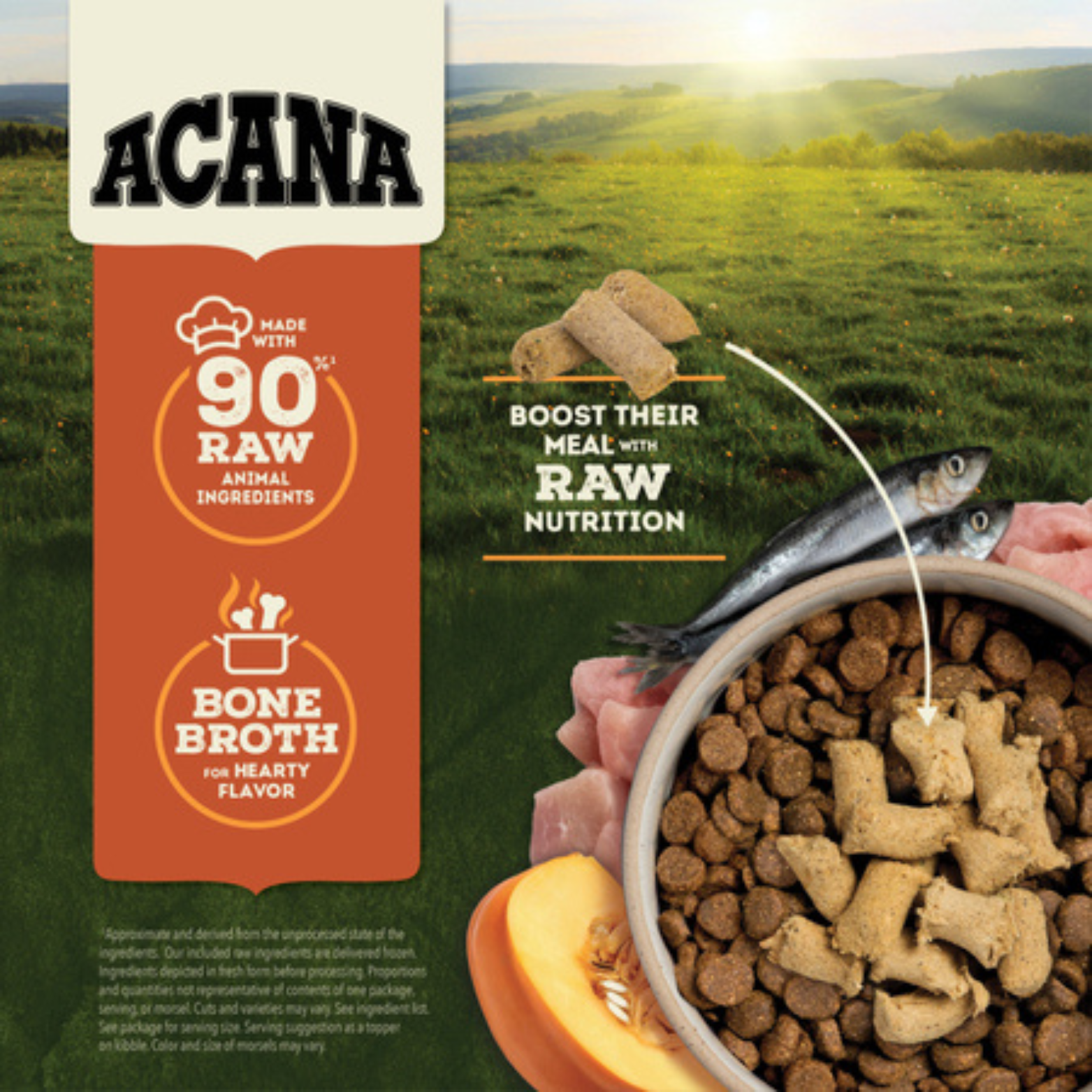 Graphic showing ACANA branding with icons for 90% raw animal ingredients and bone broth, next to a bowl of kibble topped with freeze-dried turkey morsels.