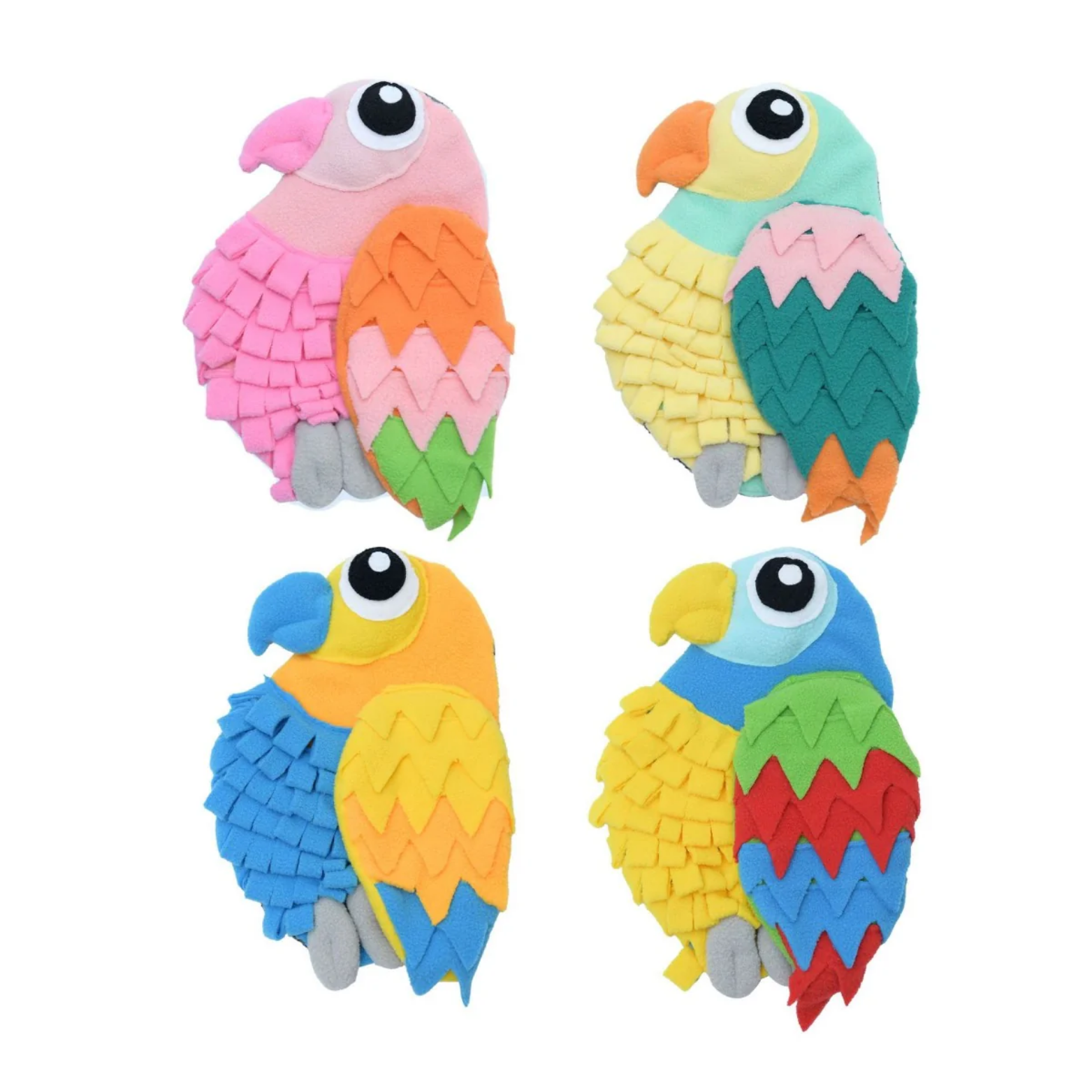 Four color variations of the parrot-shaped snuffle mat displayed together: pink/orange/green, teal/yellow/pink, blue/yellow, and blue/yellow/red color combinations.