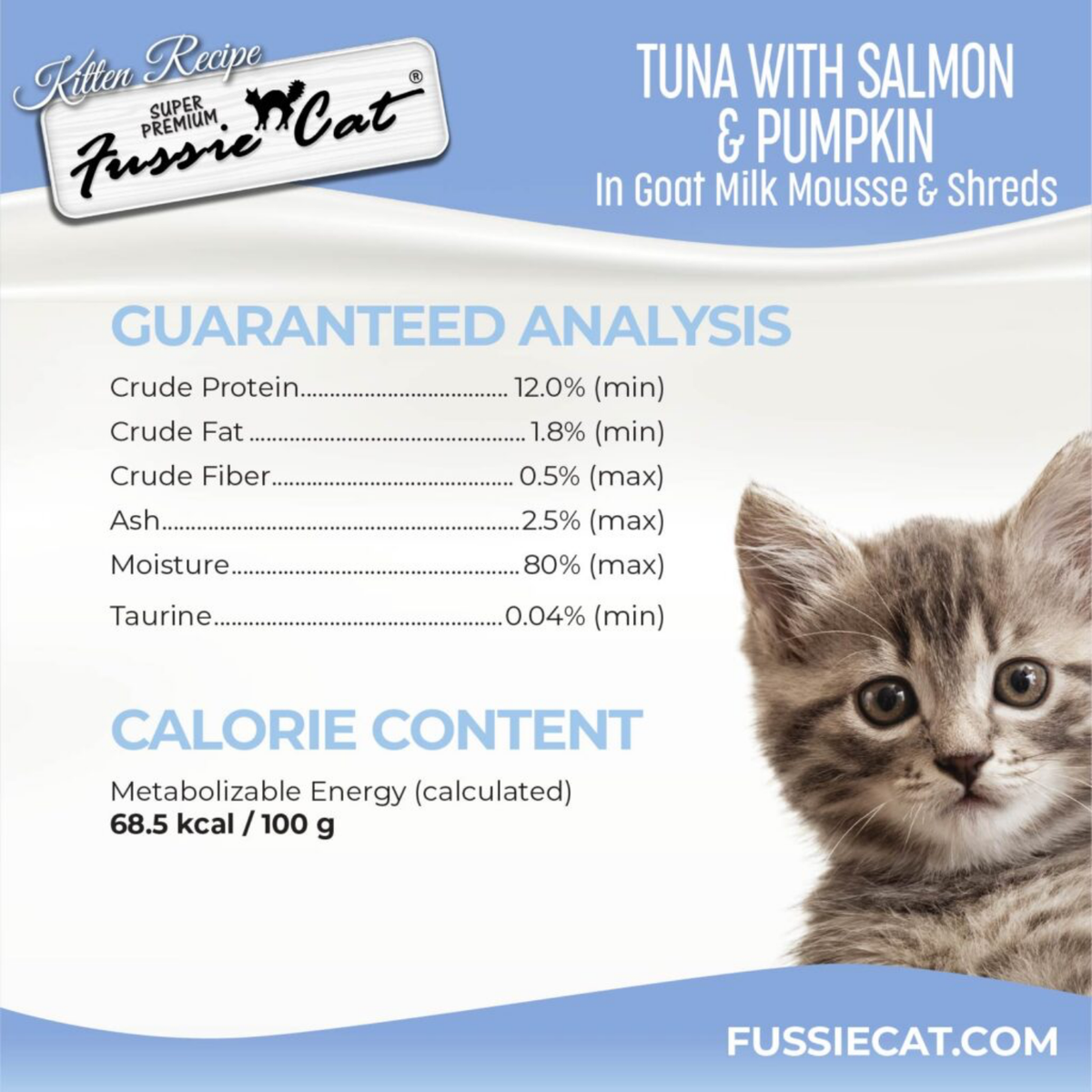 Fussie Cat Kitten Tuna & Salmon with Pumpkin in Goat Milk Mousse & Shreds, 1.5-oz Pouch