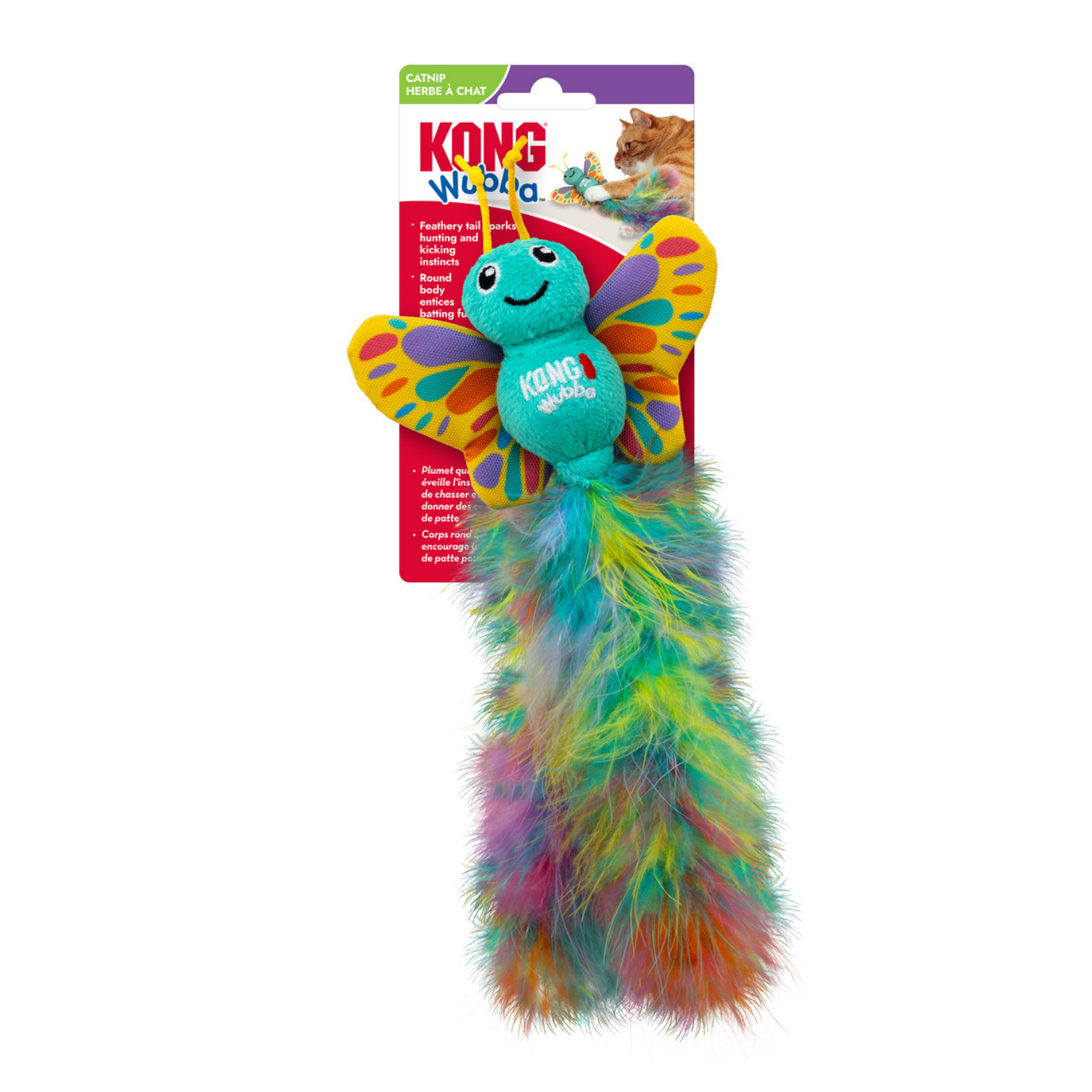Front of KONG Wubba Butterfly catnip cat toy packaging. Shows the butterfly toy attached to a cardboard backing with catnip label and product benefits highlighting batting, kicking, and hunting play.
