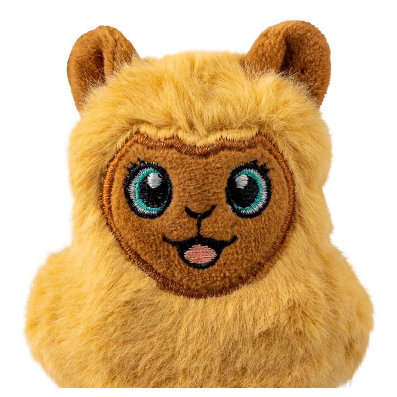 Close-up view of the llama dog toy’s face, highlighting embroidered teal eyes, brown facial stitching, rounded ears, and fluffy yellow fur.