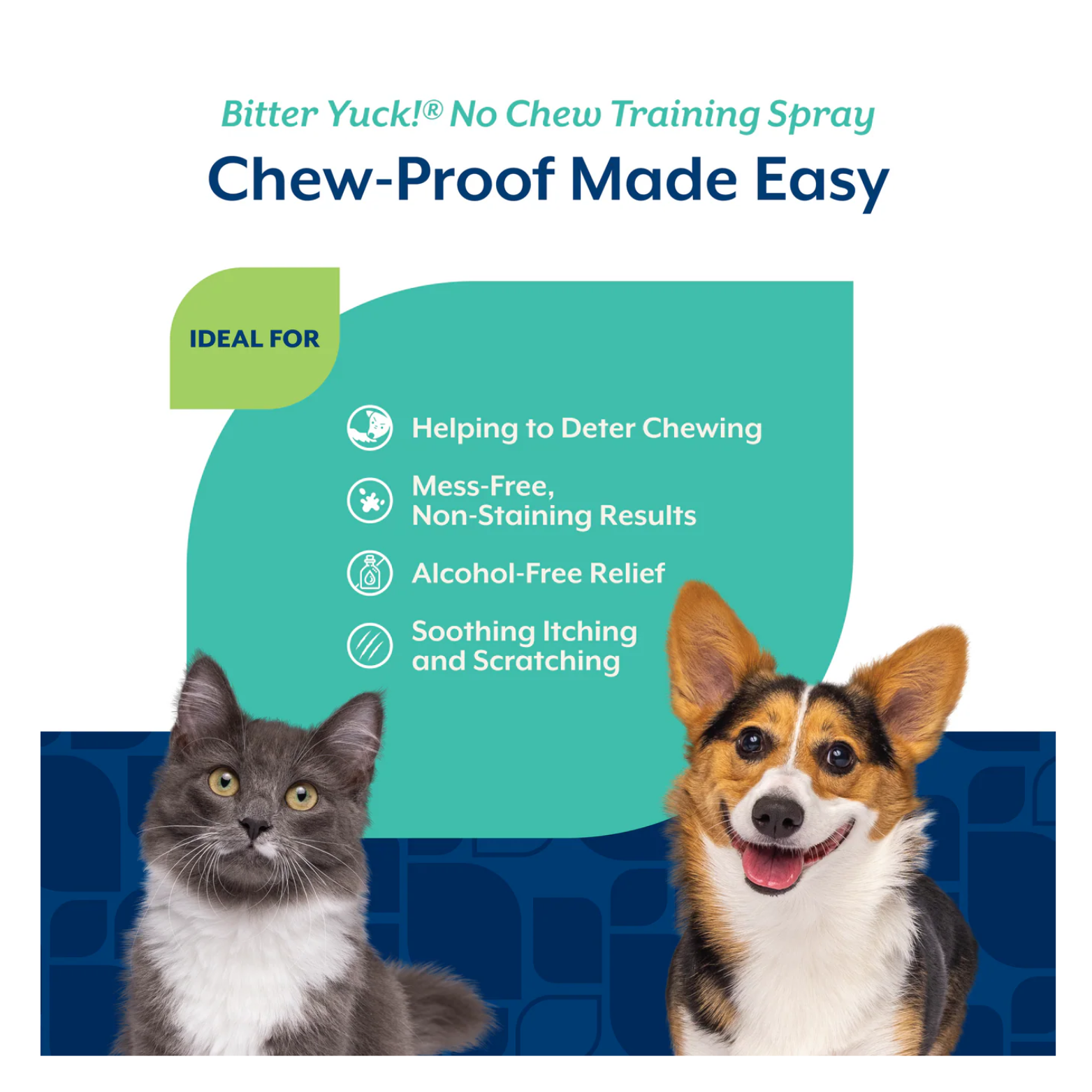 The same dog and cat appear beneath a green panel listing product benefits, including helping deter chewing, mess-free non-staining results, alcohol-free relief, and soothing itching and scratching.
