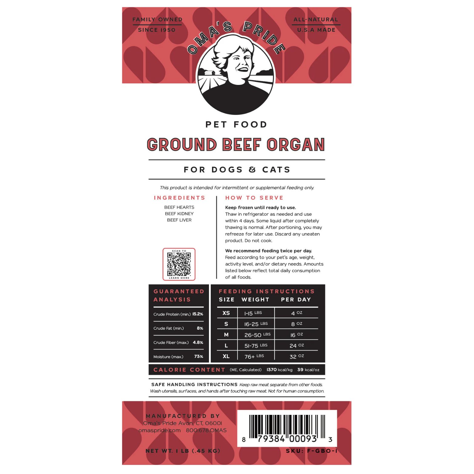 The product label for Oma’s Pride Ground Beef Organ showing ingredients, feeding instructions, guaranteed analysis, calorie content, and barcode information.