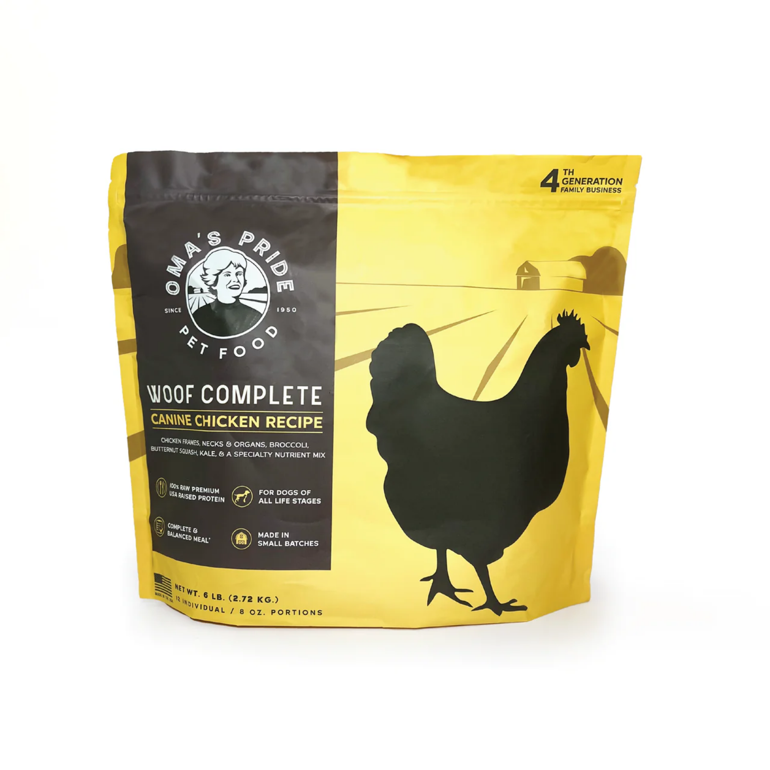 A standalone yellow and black Oma’s Pride Woof Complete Canine Chicken Recipe dog food bag featuring a chicken silhouette design.