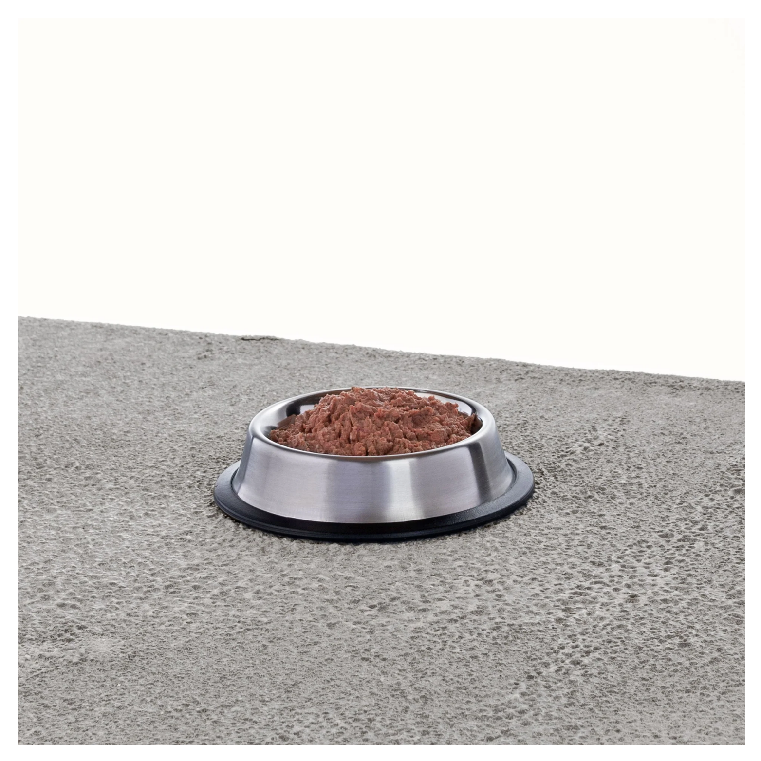 Stainless steel pet bowl filled with thawed raw cat food mixture, showing a soft ground texture on a gray surface with a white background.