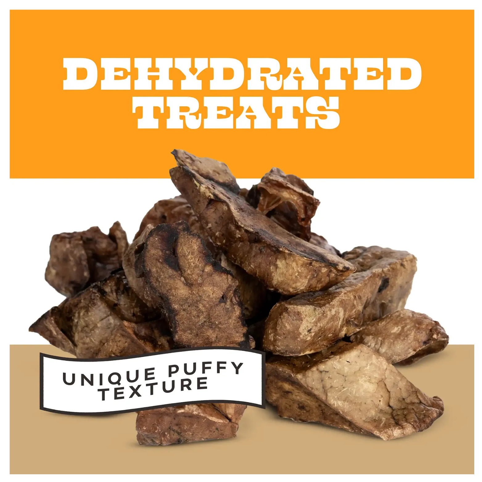 Close-up pile of dehydrated lamb lung treats with text reading “Dehydrated Treats” and “Unique Puffy Texture.” The treats appear irregularly shaped and brown with a porous texture.
