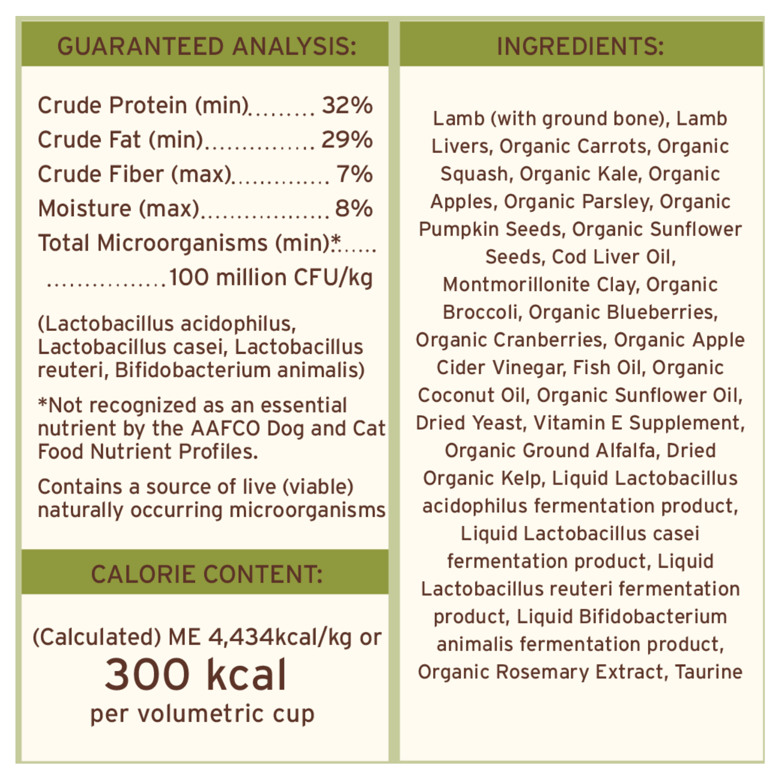 Nutrition panel for Primal Lamb Recipe displaying guaranteed analysis with minimum crude protein 32%, crude fat 29%, maximum crude fiber 7%, and moisture 8%. Total microorganisms are listed as 100 million CFU/kg. The ingredient list includes lamb with ground bone, lamb liver, organic fruits and vegetables, oils, probiotics, vitamins, and taurine. Calorie content is 4,434 kcal/kg or 300 kcal per cup.