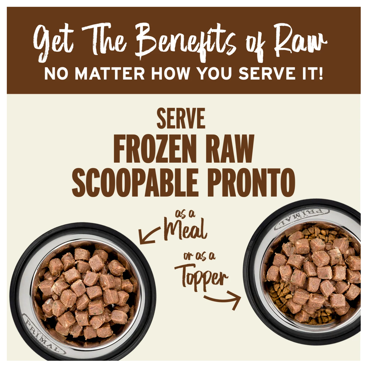 Promotional graphic with text “Get the Benefits of Raw — No Matter How You Serve It!” showing two pet bowls filled with cube-shaped frozen raw food. Text explains the product can be served as a full meal or used as a topper.