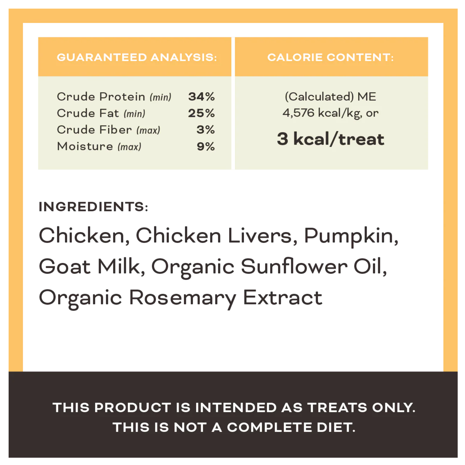 A clear, graphic breakdown of the product's contents.

Guaranteed Analysis: Crude Protein (34% min), Crude Fat (25% min), Crude Fiber (3% max), and Moisture (9% max).

Calorie Content: 3 kcal per treat.

Ingredients: Chicken, Chicken Livers, Pumpkin, Goat Milk, Organic Sunflower Oil, and Organic Rosemary Extract.
A bold footer warns: "This product is intended as treats only. This is not a complete diet."