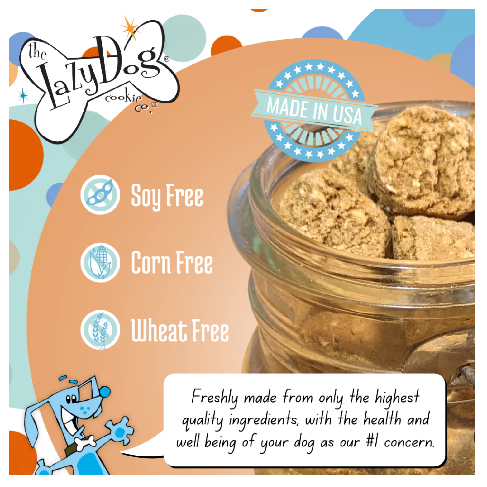 Glass jar filled with Mutt Mallows dog treats alongside icons and text stating soy free, corn free, and wheat free, with a “Made in USA” badge and a cartoon dog illustration.