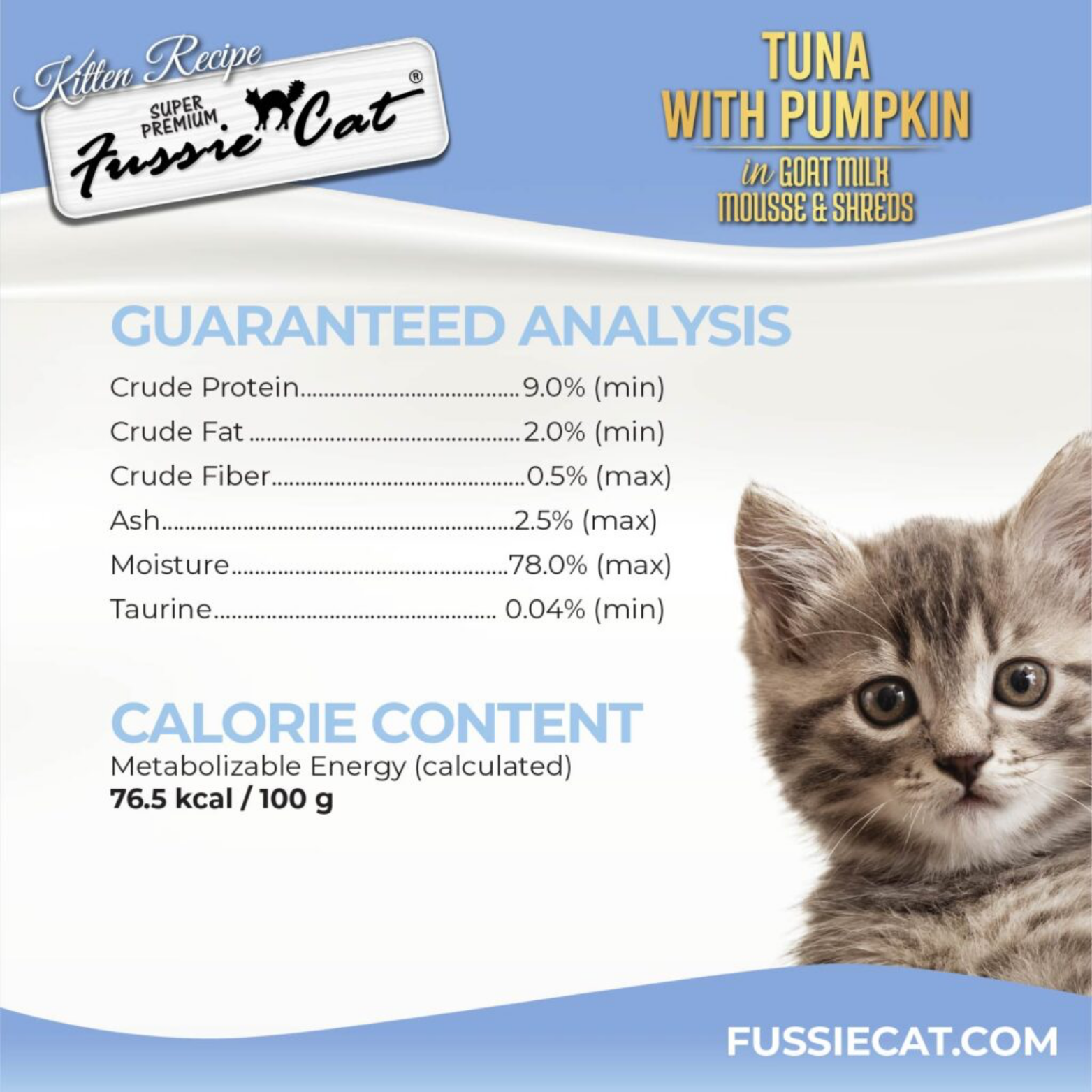 Fussie Cat Kitten Tuna with Pumpkin in Goat Milk Mousse & Shreds Canned Food, 2.47-oz