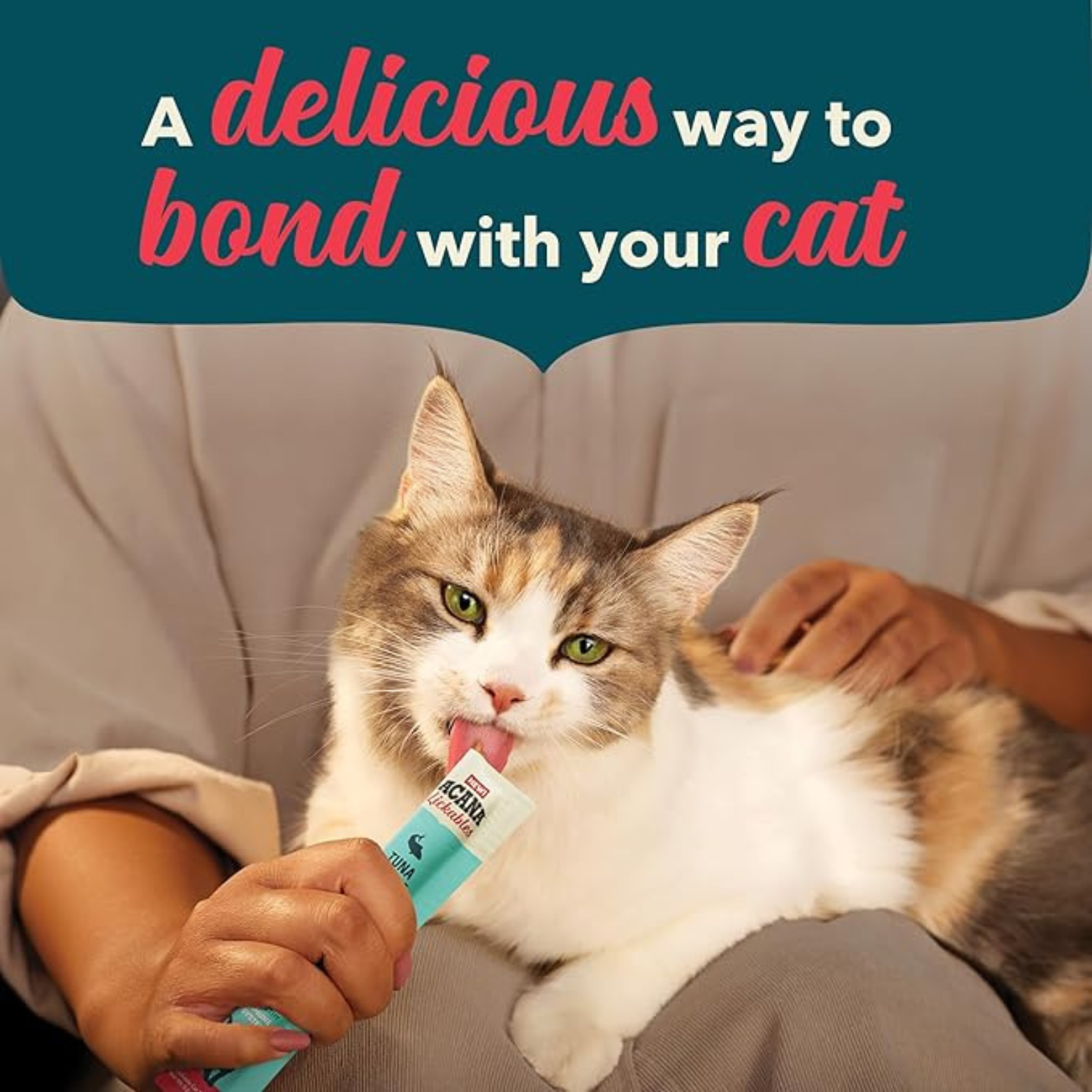 Close-up of a cat licking an ACANA Lickables Tuna Recipe treat from a squeeze tube while being gently petted, with text reading ‘A delicious way to bond with your cat.’