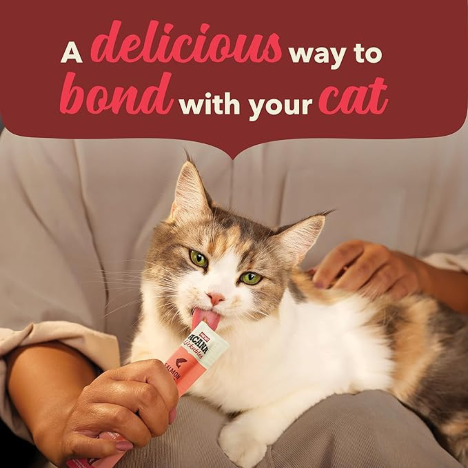 A cat being hand-fed a salmon-flavored ACANA Lickables treat while resting on a person’s lap, with text reading “A delicious way to bond with your cat.”