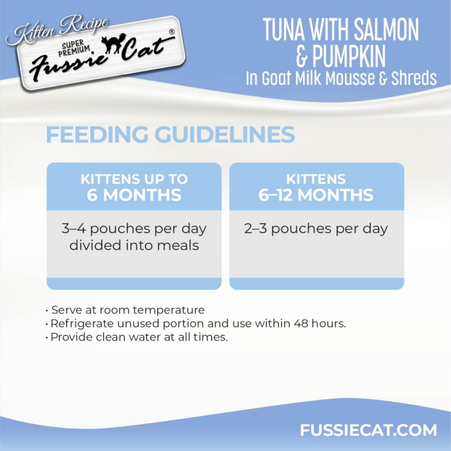 Fussie Cat Kitten Tuna & Salmon with Pumpkin in Goat Milk Mousse & Shreds, 1.5-oz Pouch