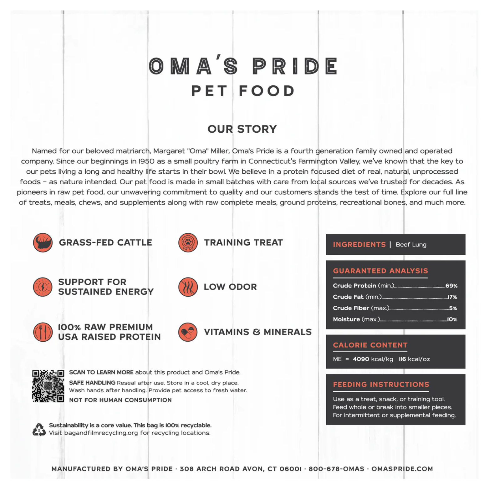 Back panel of Oma’s Pride Beef Lung packaging showing brand story, product benefits icons, ingredients (beef lung), guaranteed analysis, calorie content, feeding instructions, QR code, and company contact information.