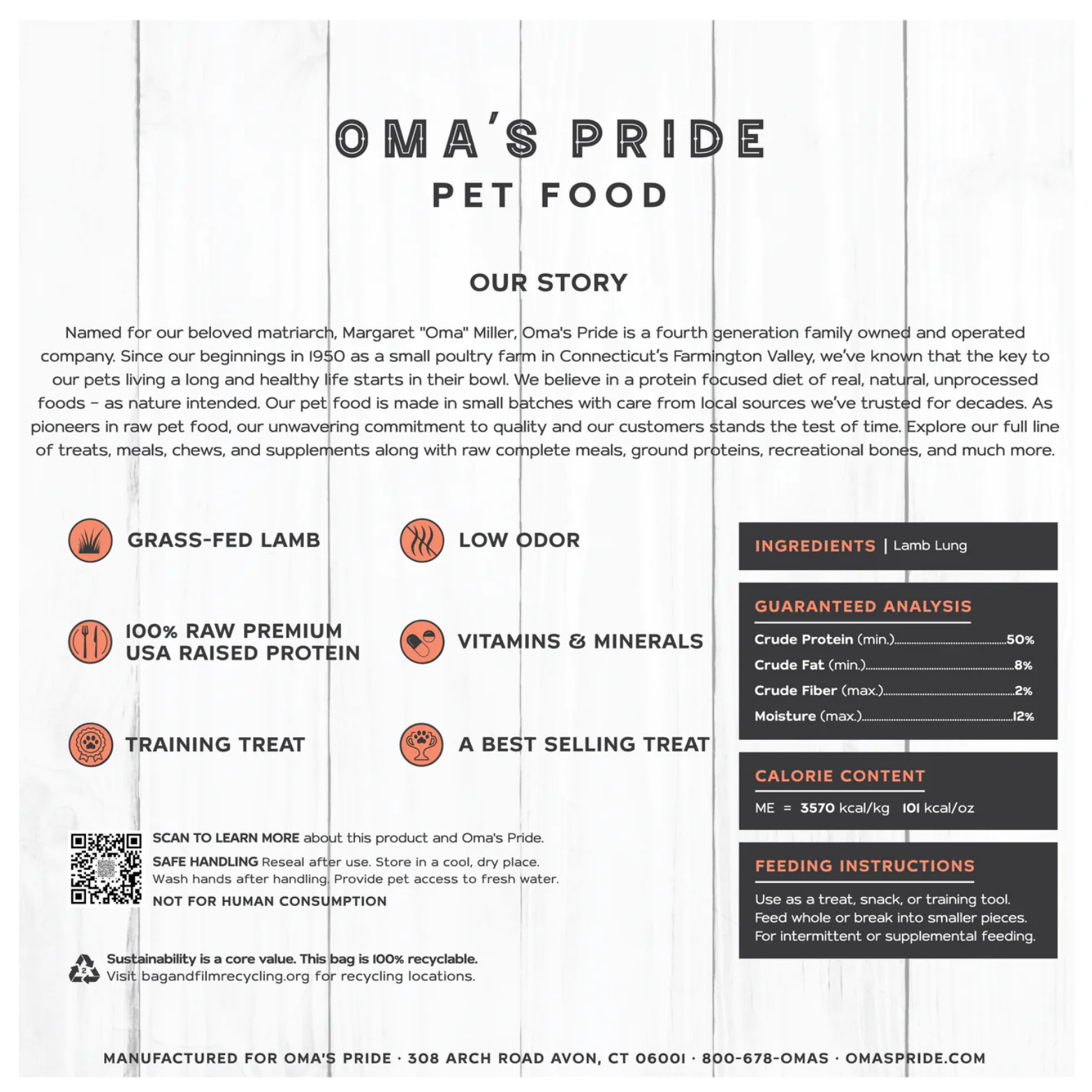 Back of Oma’s Pride Lamb Lung packaging displaying brand story, ingredient list (lamb lung), guaranteed analysis, calorie content, feeding instructions, icons highlighting benefits, QR code, and manufacturer contact information.