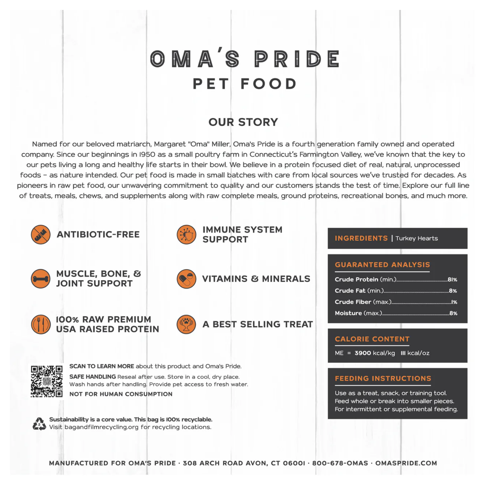 Back panel of Oma’s Pride Turkey Hearts packaging showing company story, product benefits, ingredients, guaranteed analysis, feeding instructions, and contact information.