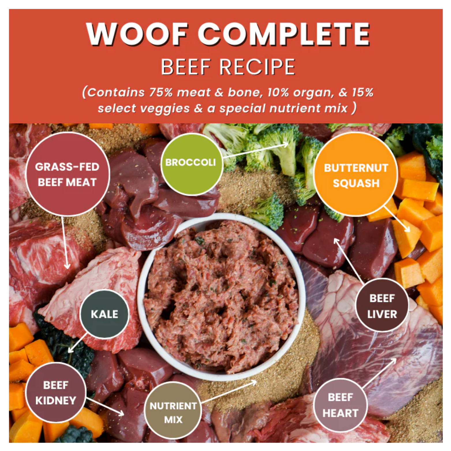 Infographic labeled “Woof Complete Beef Recipe” showing raw ingredients including grass-fed beef, broccoli, butternut squash, kale, beef liver, beef kidney, beef heart, and nutrient mix around a bowl of ground food.