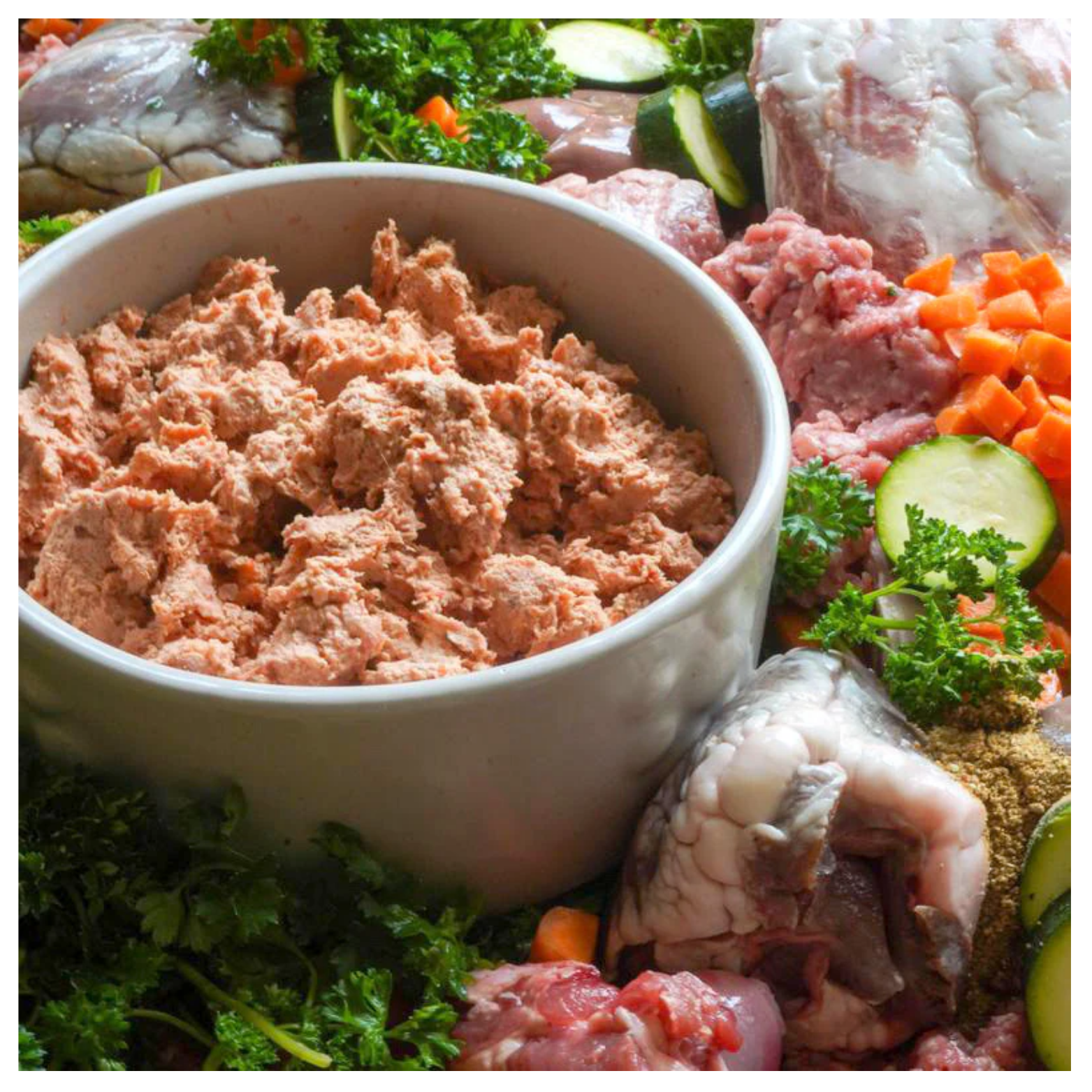 Close-up of a bowl filled with ground lamb dog food surrounded by raw lamb pieces, vegetables, and nutrient mix.