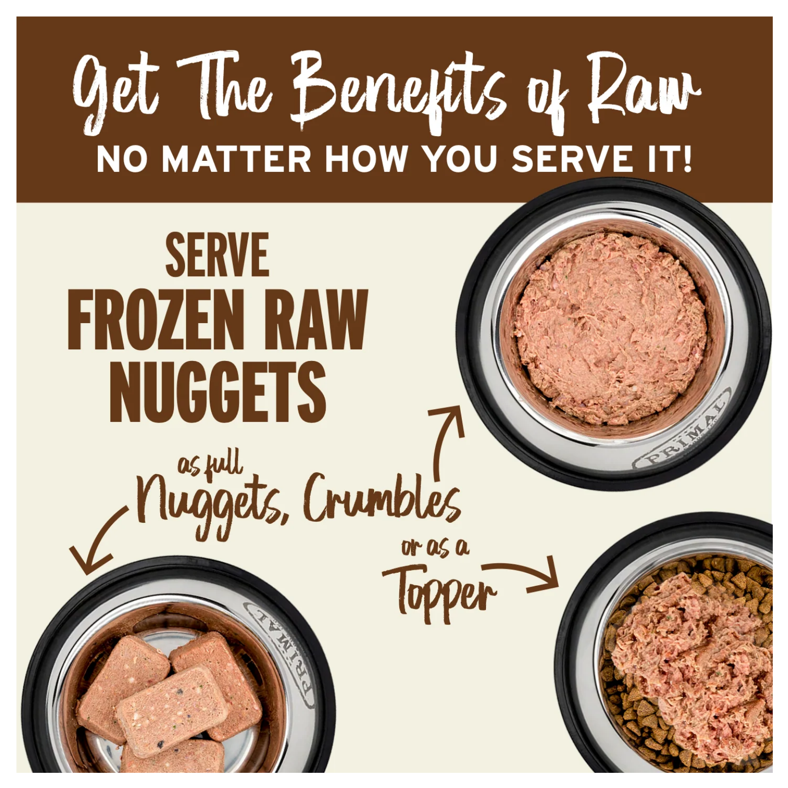 Promotional graphic with text “Get the Benefits of Raw — No Matter How You Serve It!” showing three pet bowls demonstrating frozen raw nuggets served whole, crumbled, or used as a topper over kibble.