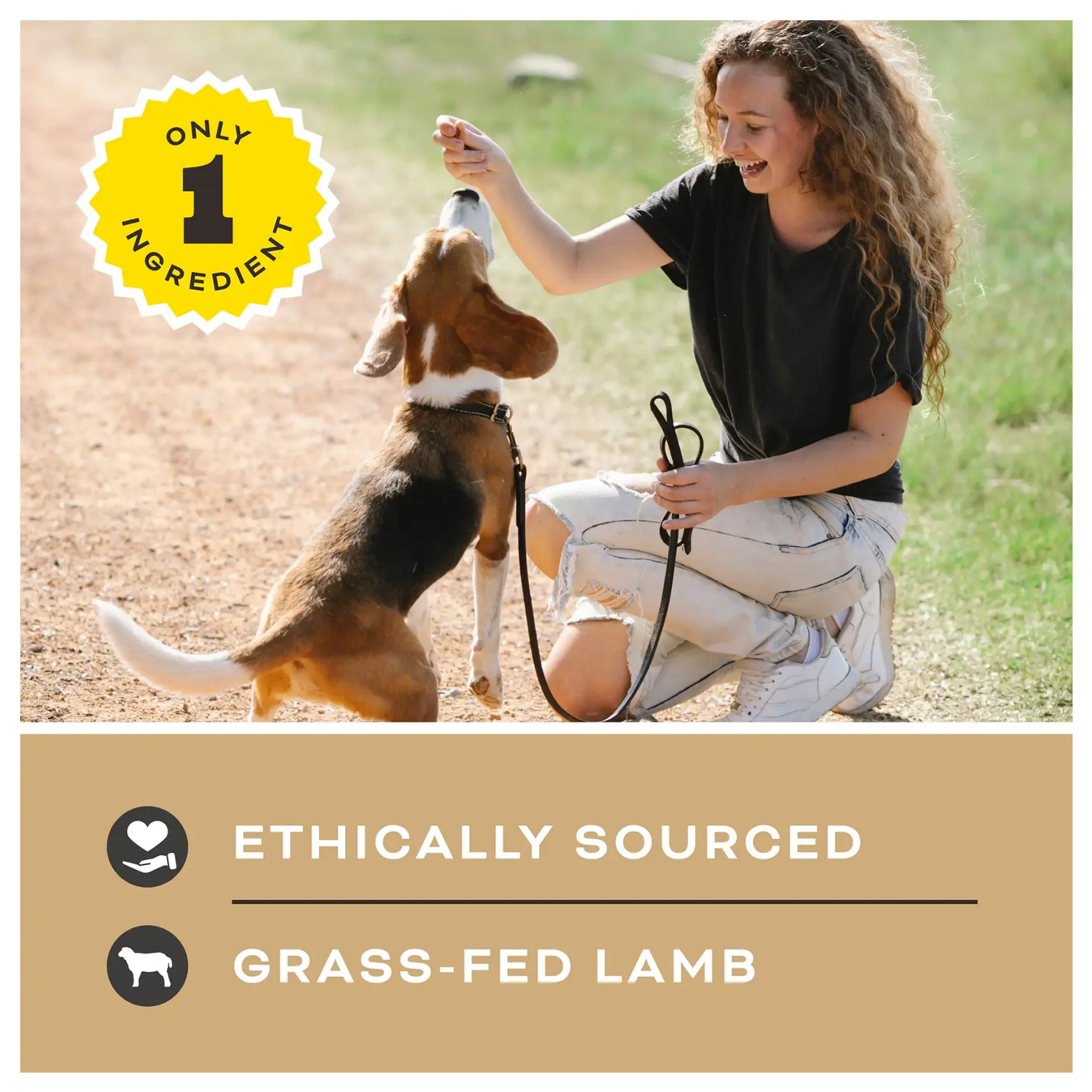 Woman kneeling outdoors on a dirt path giving a treat to a beagle dog sitting on its hind legs. A badge reads “Only 1 Ingredient,” and text below highlights “Ethically Sourced” and “Grass-Fed Lamb.”