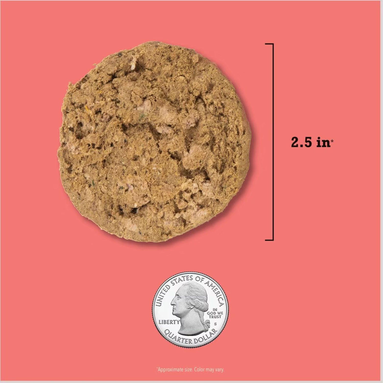 Single round freeze-dried beef patty shown next to a U.S. quarter, with a label indicating the patty is approximately 2.5 inches in diameter.