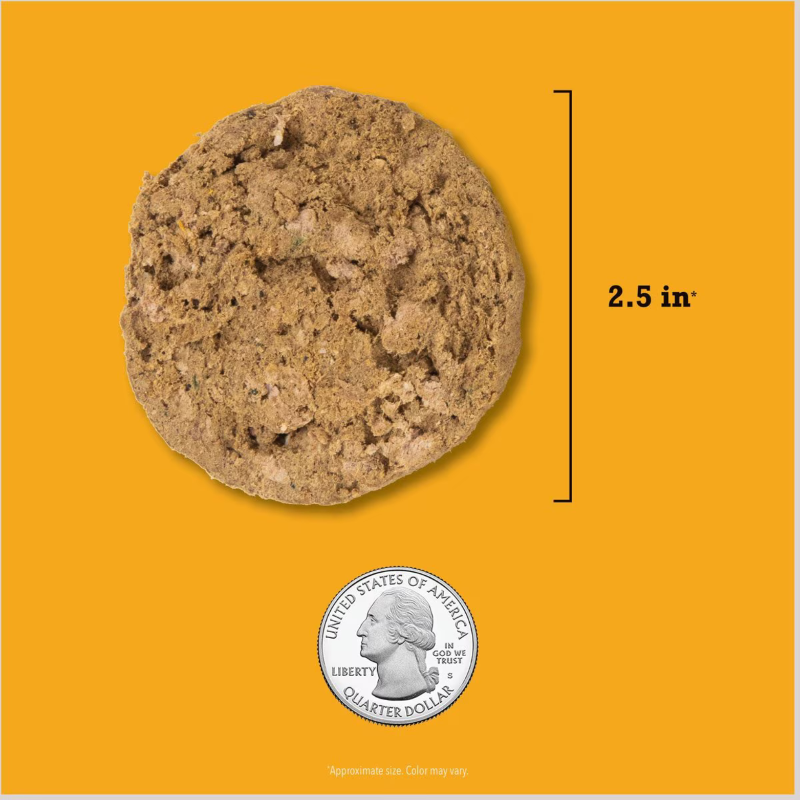 Freeze-dried chicken patty measuring approximately 2.5 inches in diameter shown beside a U.S. quarter for size comparison.