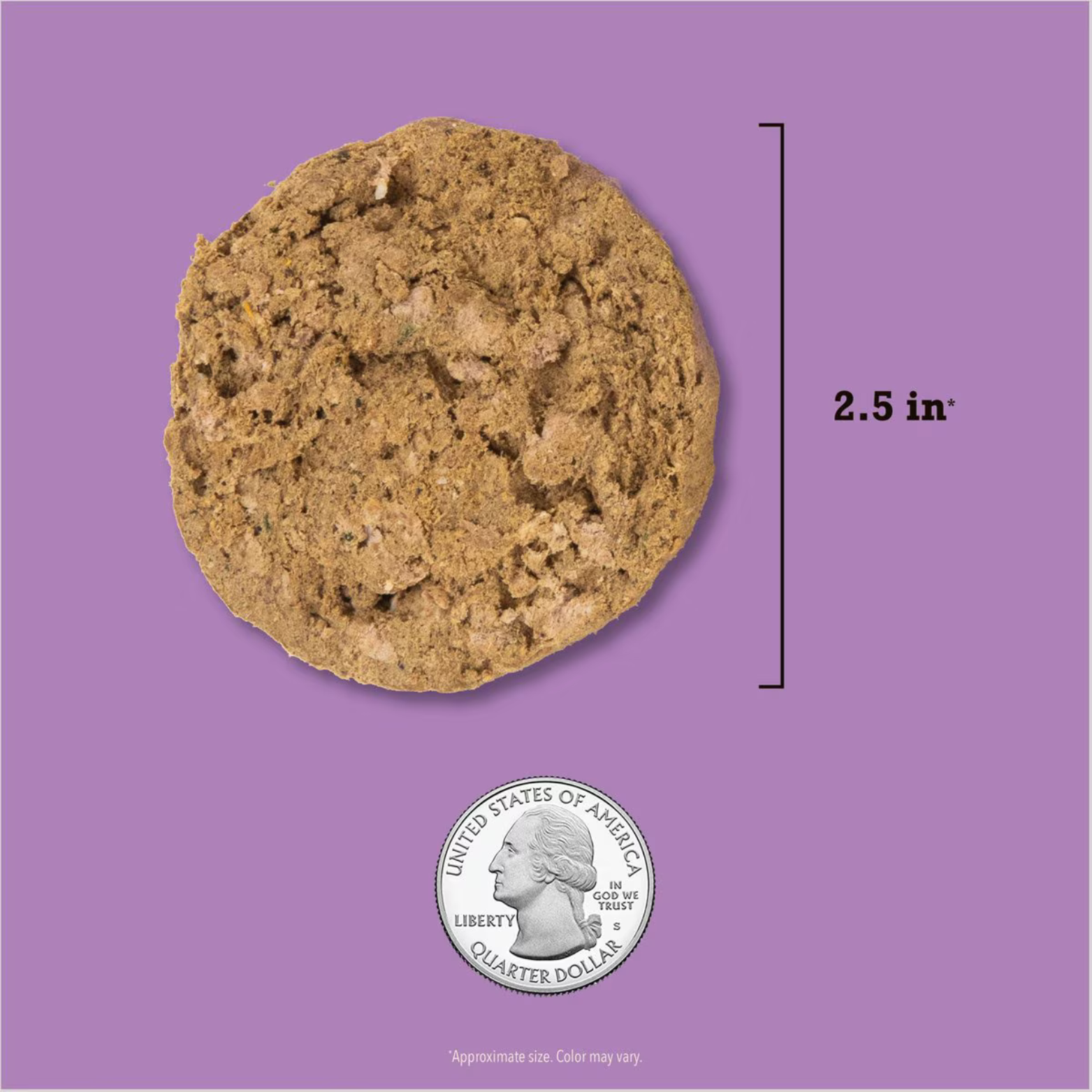 Freeze-dried duck patty measuring approximately 2.5 inches shown next to a U.S. quarter for size comparison.