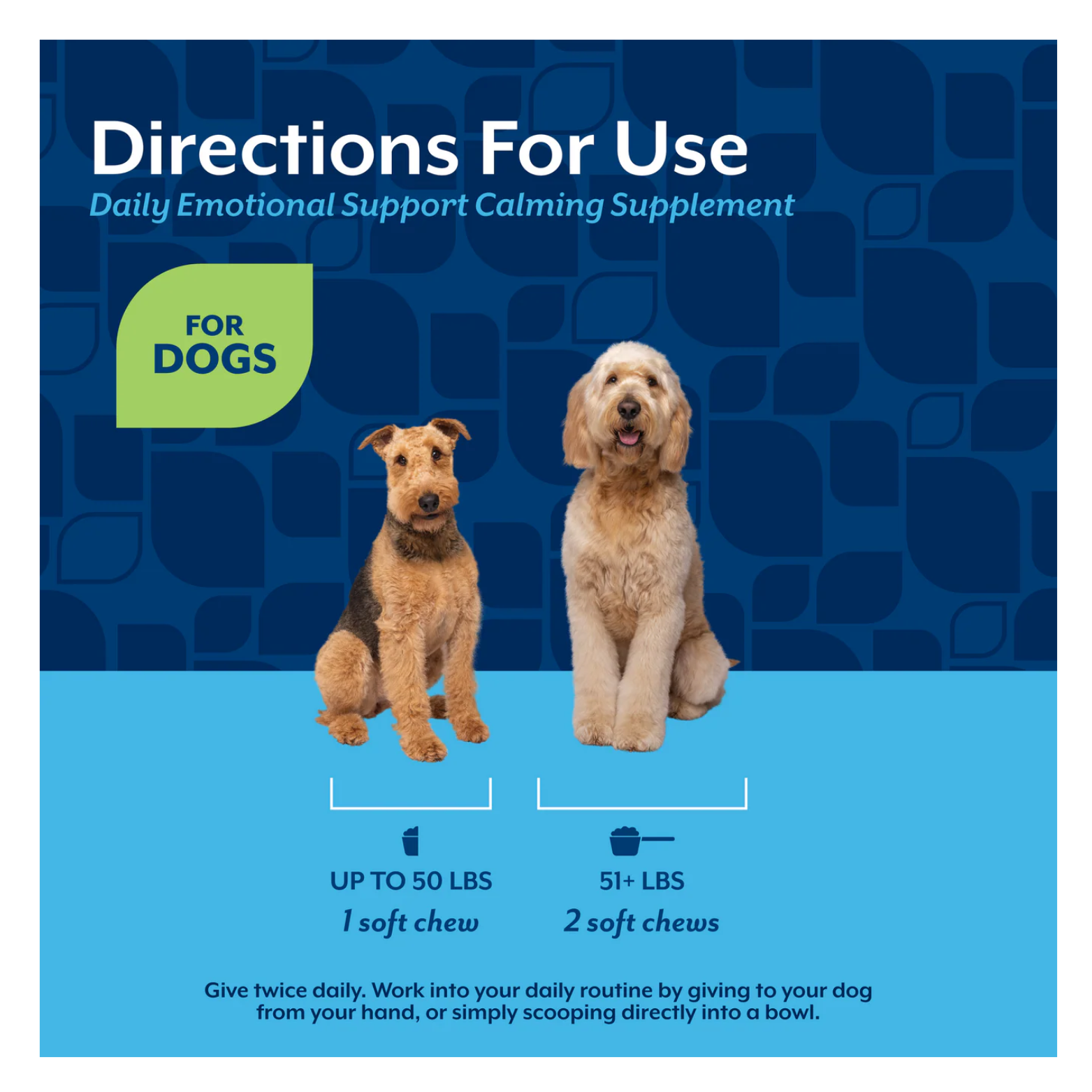 Directions for use graphic showing two dogs with feeding guidance: up to 50 lbs receives one soft chew, 51+ lbs receives two soft chews, given twice daily.
