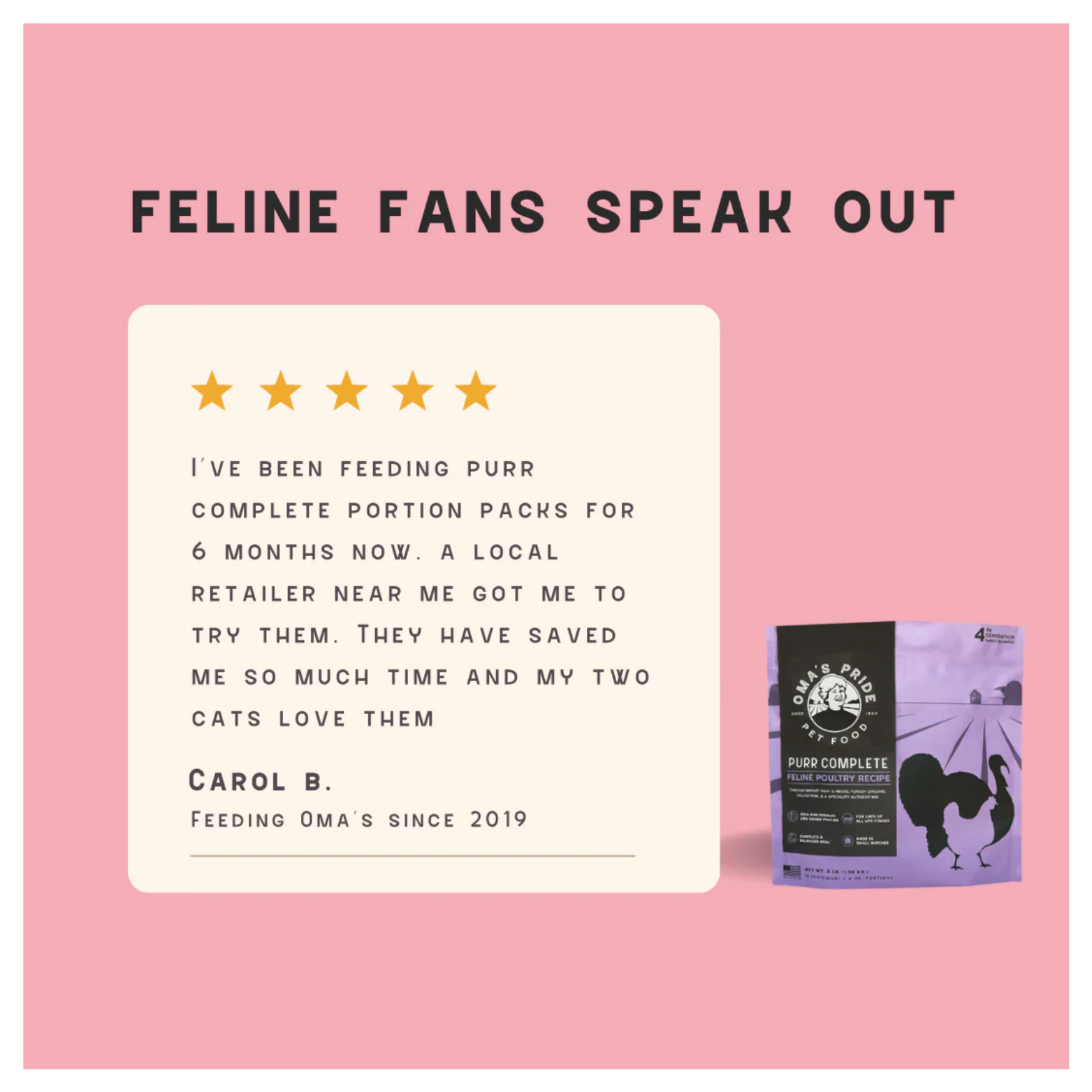 A customer testimonial graphic titled “Feline Fans Speak Out” shows a five-star rating and a written review from Carol B alongside a small image of the Purr Complete product bag on a pink background.
