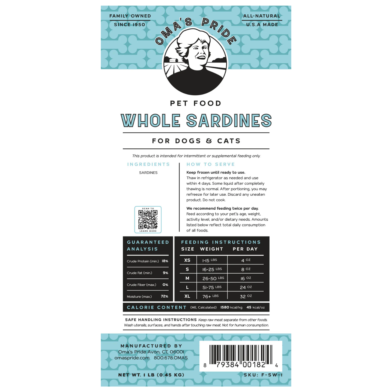 A detailed product label for “Oma’s Pride Whole Sardines for Dogs & Cats” showing ingredients, feeding instructions, guaranteed analysis, calorie content, barcode, and manufacturer information.