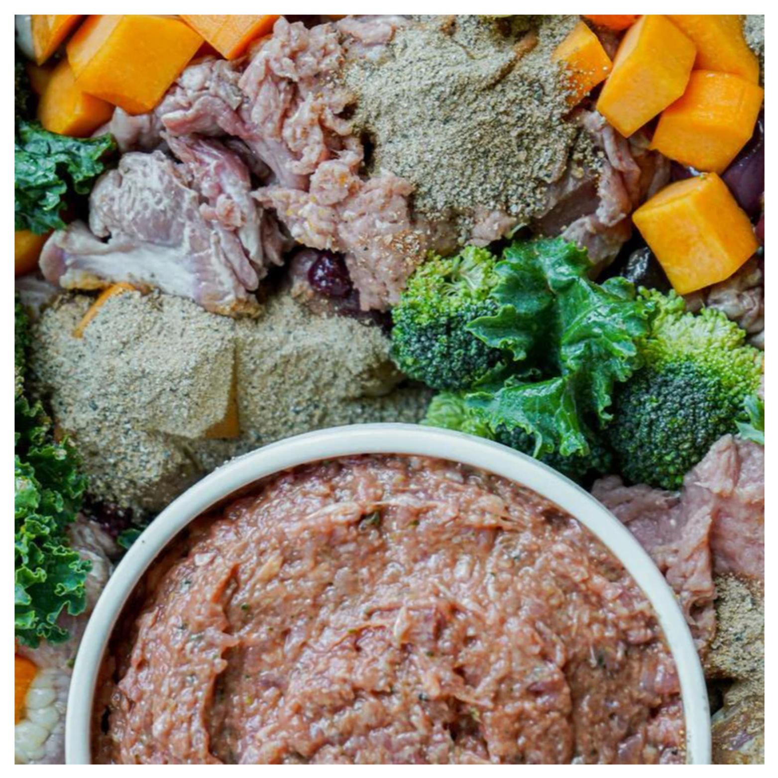Close-up view of a bowl of ground chicken dog food mixture with visible vegetables and raw ingredients in the background.