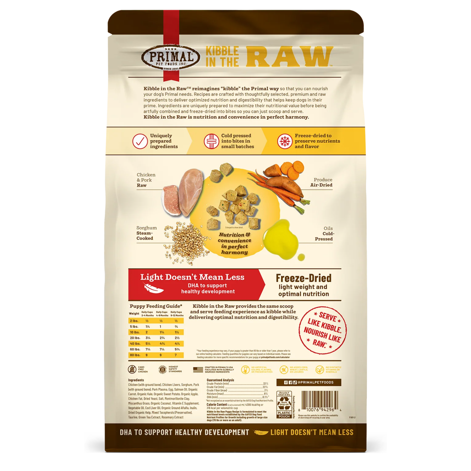 Back panel of the Primal Kibble in the Raw Puppy Recipe bag showing product description, ingredient sourcing information, preparation details, icons explaining cold-pressed and freeze-dried processes, feeding guide, barcode, and manufacturer information. Emphasizes DHA support and lightweight freeze-dried nutrition.