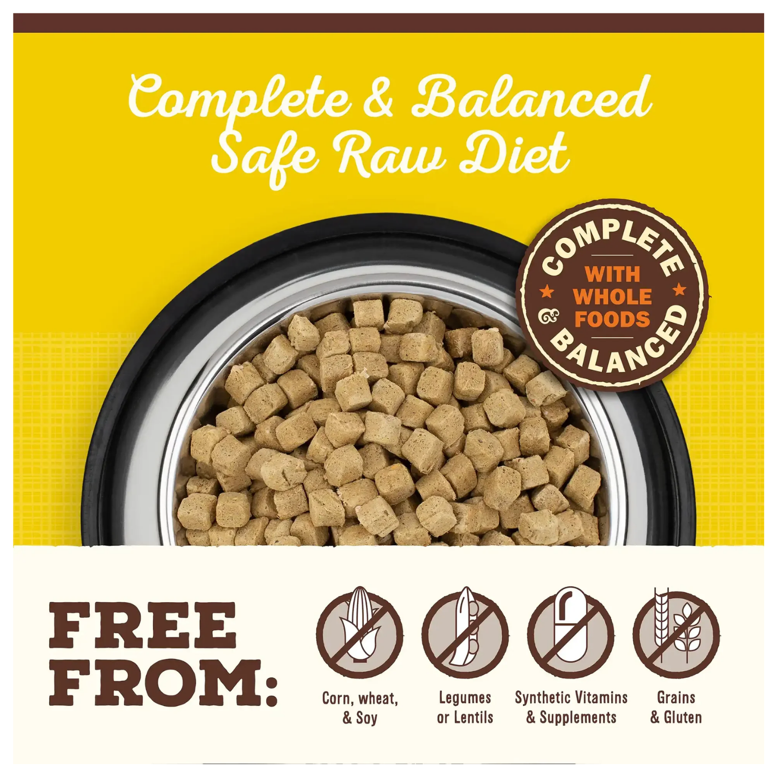Marketing image featuring a bowl filled with freeze-dried cube-shaped dog food pieces against a yellow background with the text “Complete & Balanced Safe Raw Diet.” Icons below state the food is free from corn, wheat, soy, legumes or lentils, synthetic vitamins and supplements, and grains or gluten.