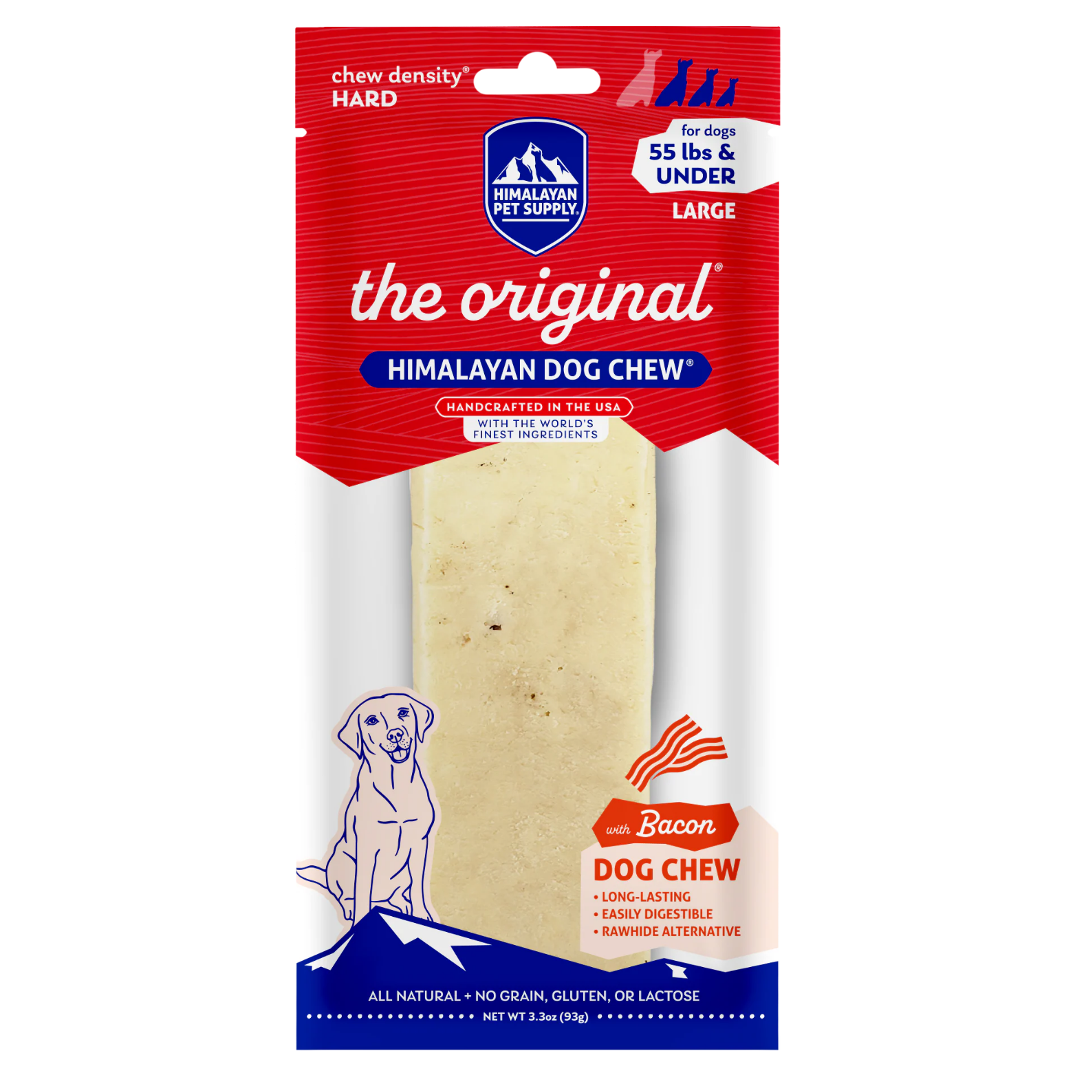 Front of Himalayan Pet Supply “The Original Himalayan Dog Chew” with bacon for large dogs (55 lbs and under). Red packaging features a large cheese chew, hard chew density label, bacon flavor icon, and long-lasting chew claims.