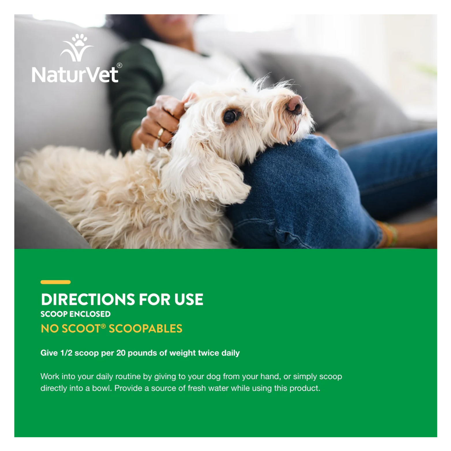 Lifestyle image of a small white dog resting its head on a person’s knee on a couch, with NaturVet branding and text labeled “Directions for Use.”
