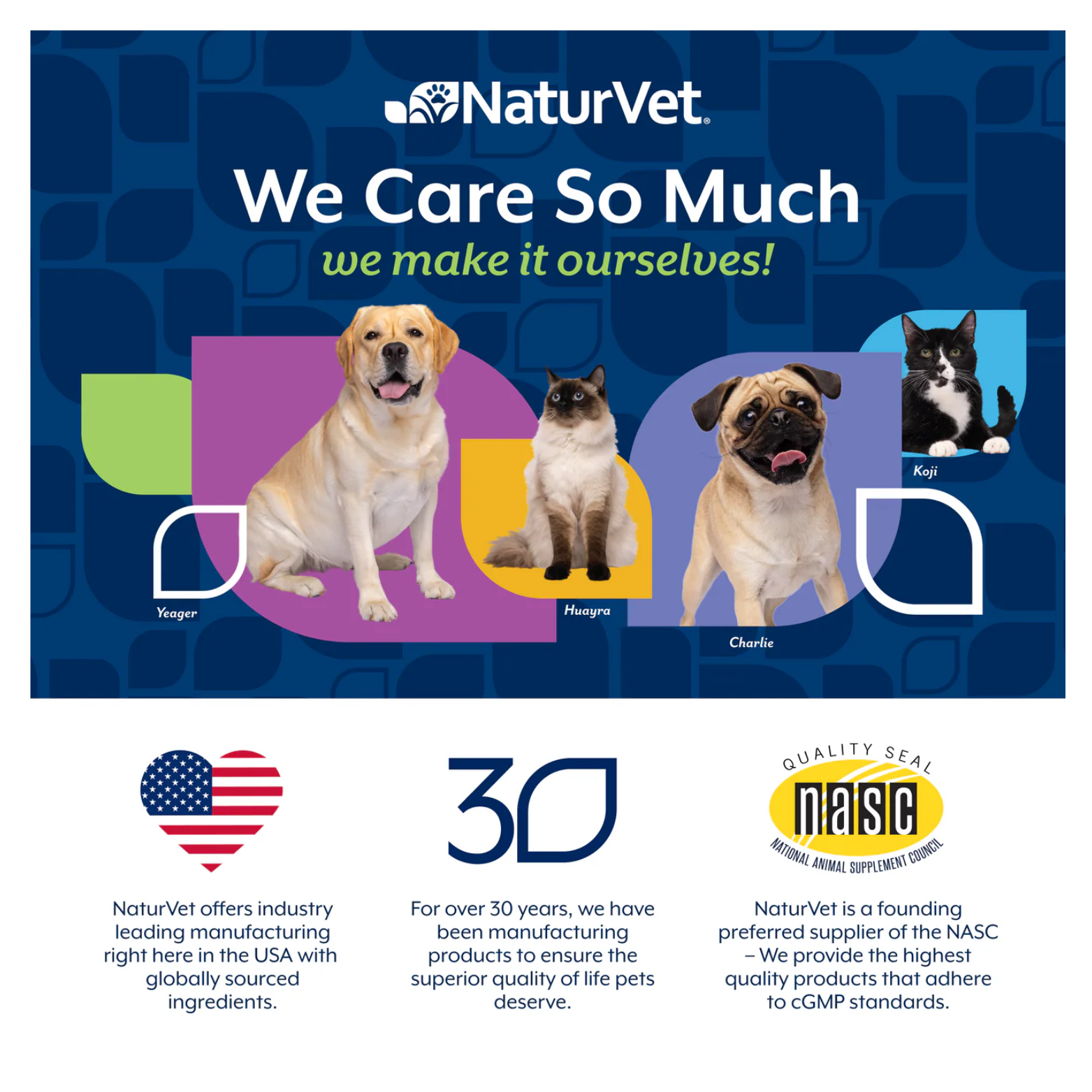 Brand information graphic stating “We Care So Much We Make It Ourselves,” featuring dogs and cats used by NaturVet, plus icons highlighting USA manufacturing, over 30 years of experience, and NASC quality certification.