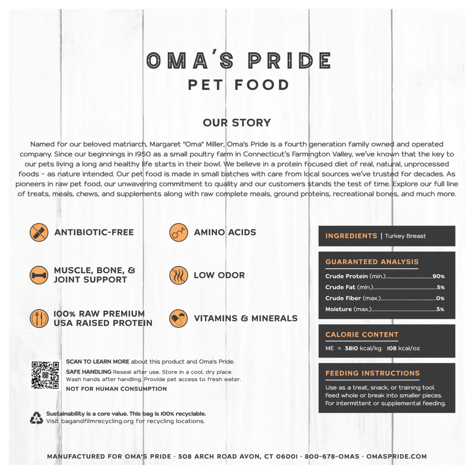Back panel of Oma’s Pride Pet Food packaging with product story, ingredient (turkey breast), guaranteed analysis, feeding instructions, and icons highlighting antibiotic-free and nutrient benefits.