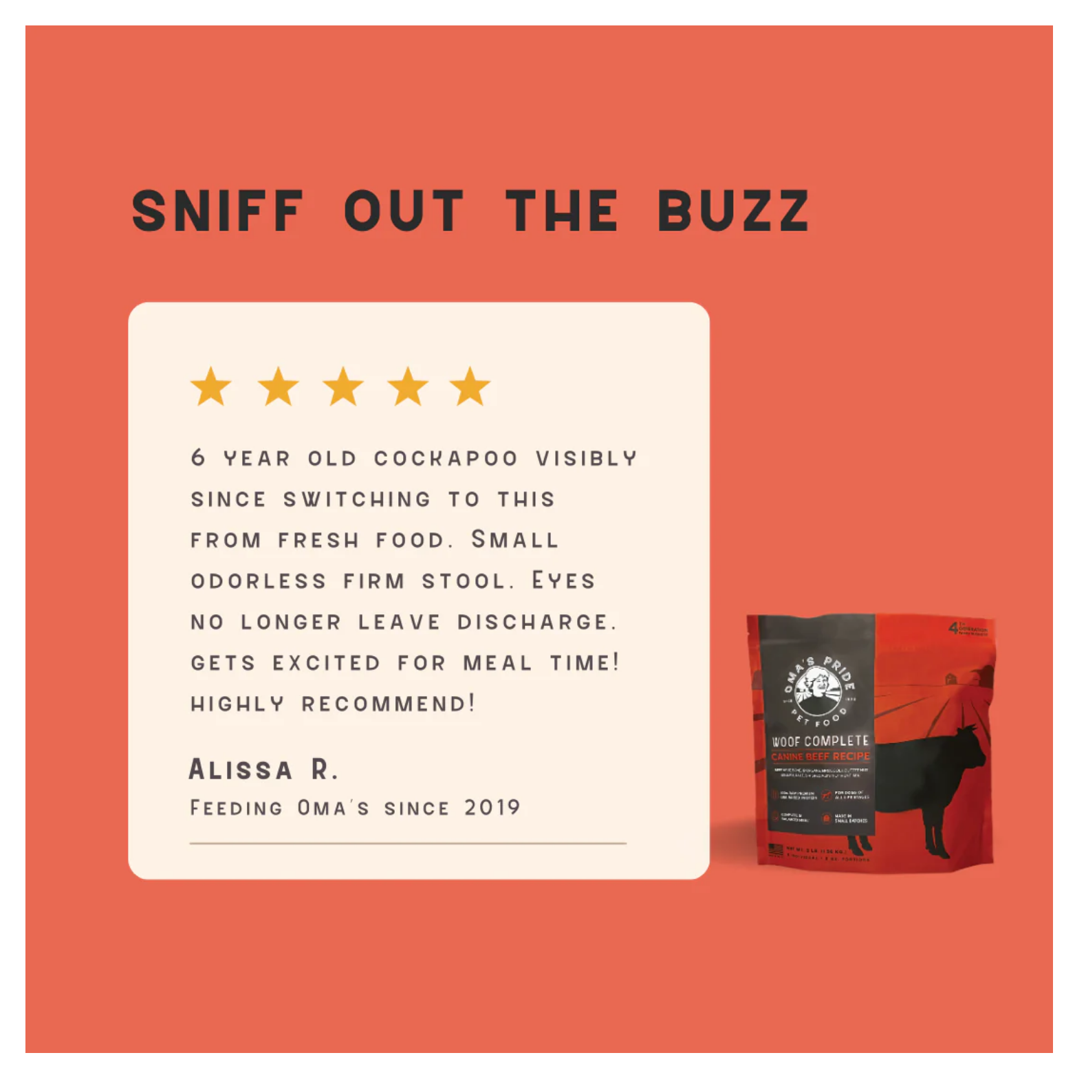 Customer review graphic titled “Sniff Out the Buzz” with five stars, testimonial text about a cockapoo’s improvement after switching foods, and a small image of the Woof Complete beef product bag.