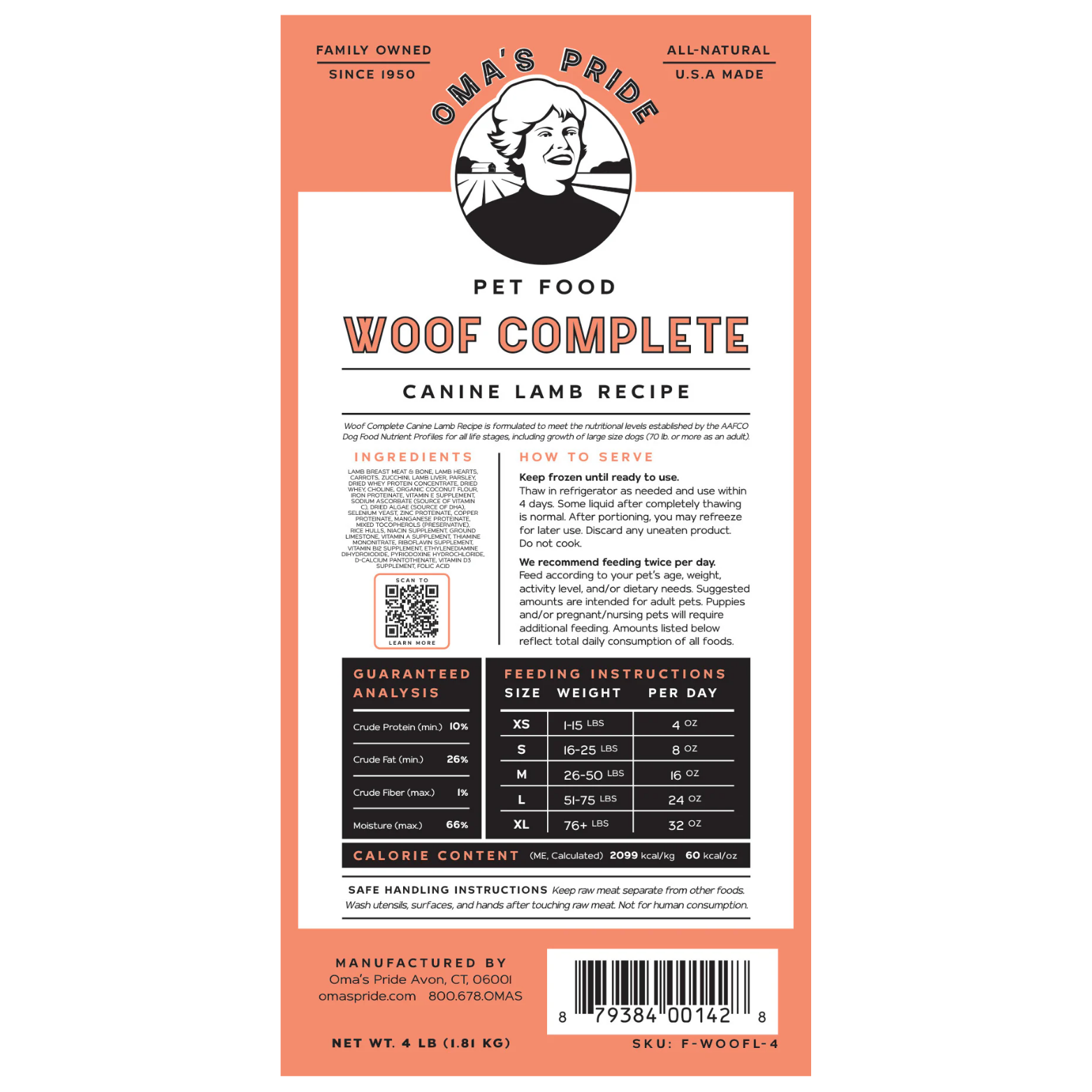 Product label for Oma’s Pride Woof Complete Canine Lamb Recipe showing ingredients, feeding instructions, guaranteed analysis, and barcode information.