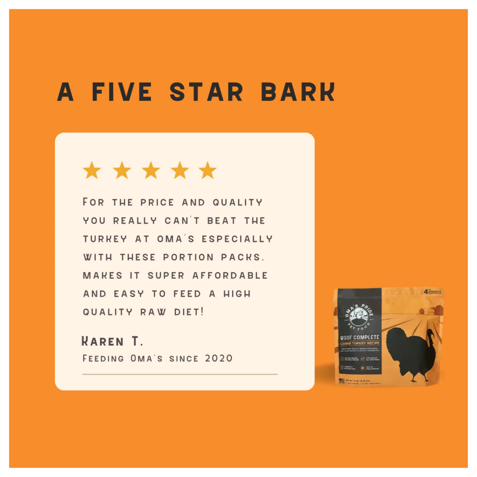 Customer testimonial graphic titled “A Five Star Bark” with five stars, review text from Karen T., and a small image of the Woof Complete Turkey product bag on an orange background.