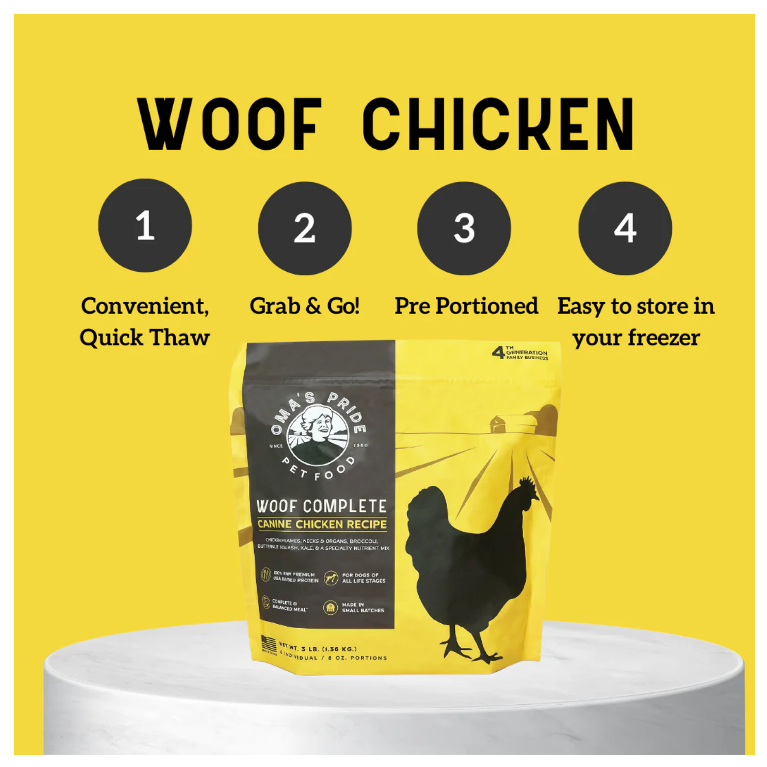 Promotional graphic highlighting Woof Complete Chicken benefits such as convenient quick thaw, grab and go, pre-portioned, and easy freezer storage with the product displayed on a pedestal.