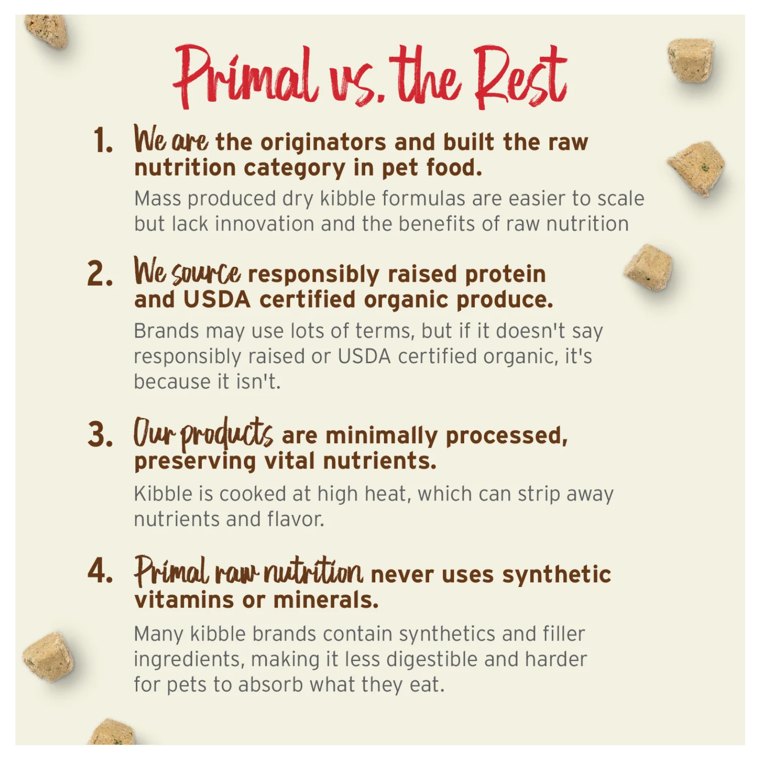 Comparison graphic titled “Primal vs. the Rest” highlighting brand claims about raw nutrition origins, responsibly raised protein, minimal processing, and no synthetic vitamins compared with kibble.