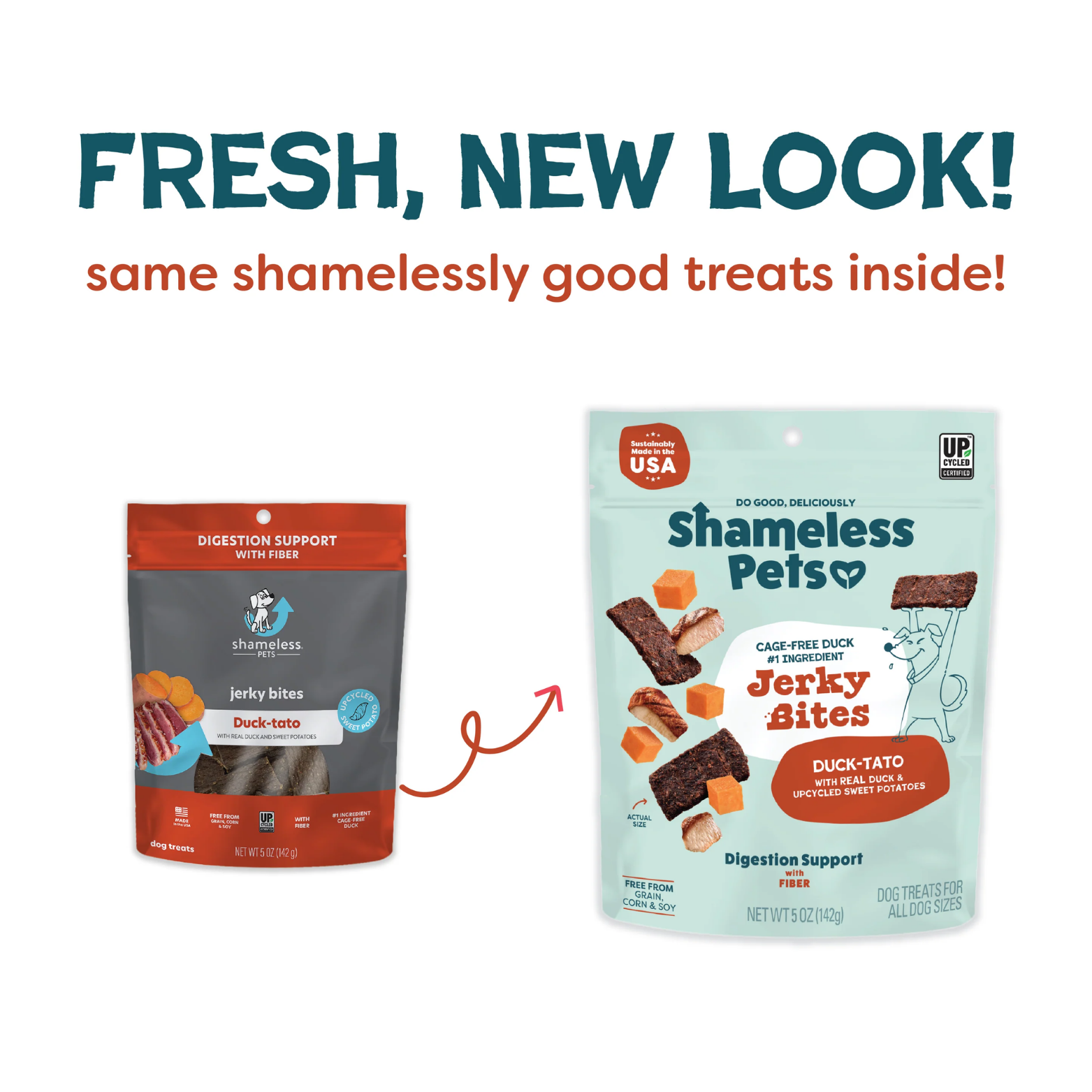 Comparison image showing an older Shameless Pets Duck-Tato jerky bag transitioning to the new packaging design, with text reading “Fresh, new look! Same shamelessly good treats inside!”