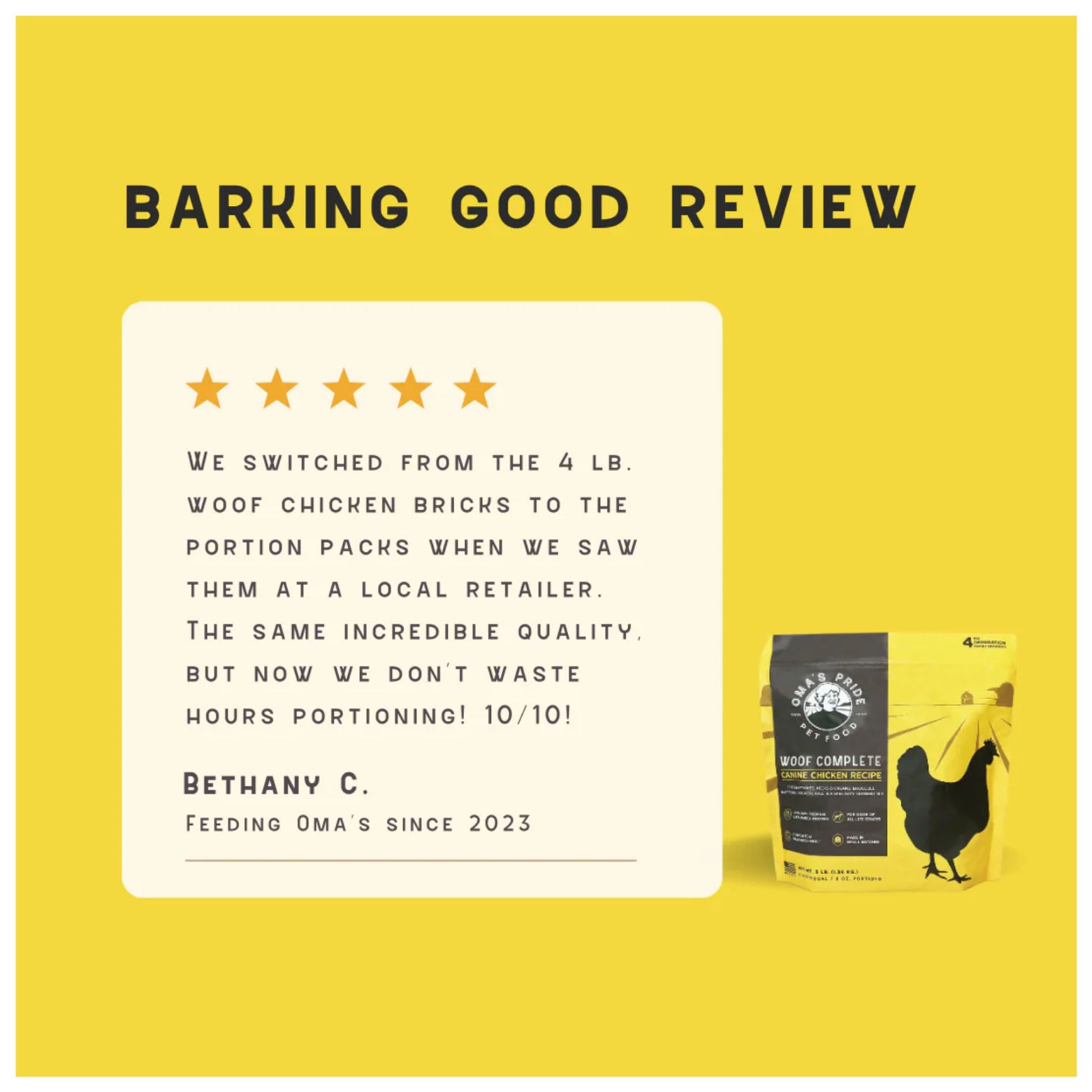 Customer review graphic for Woof Complete Chicken Recipe featuring a five-star rating, testimonial text, and product image on a yellow background.