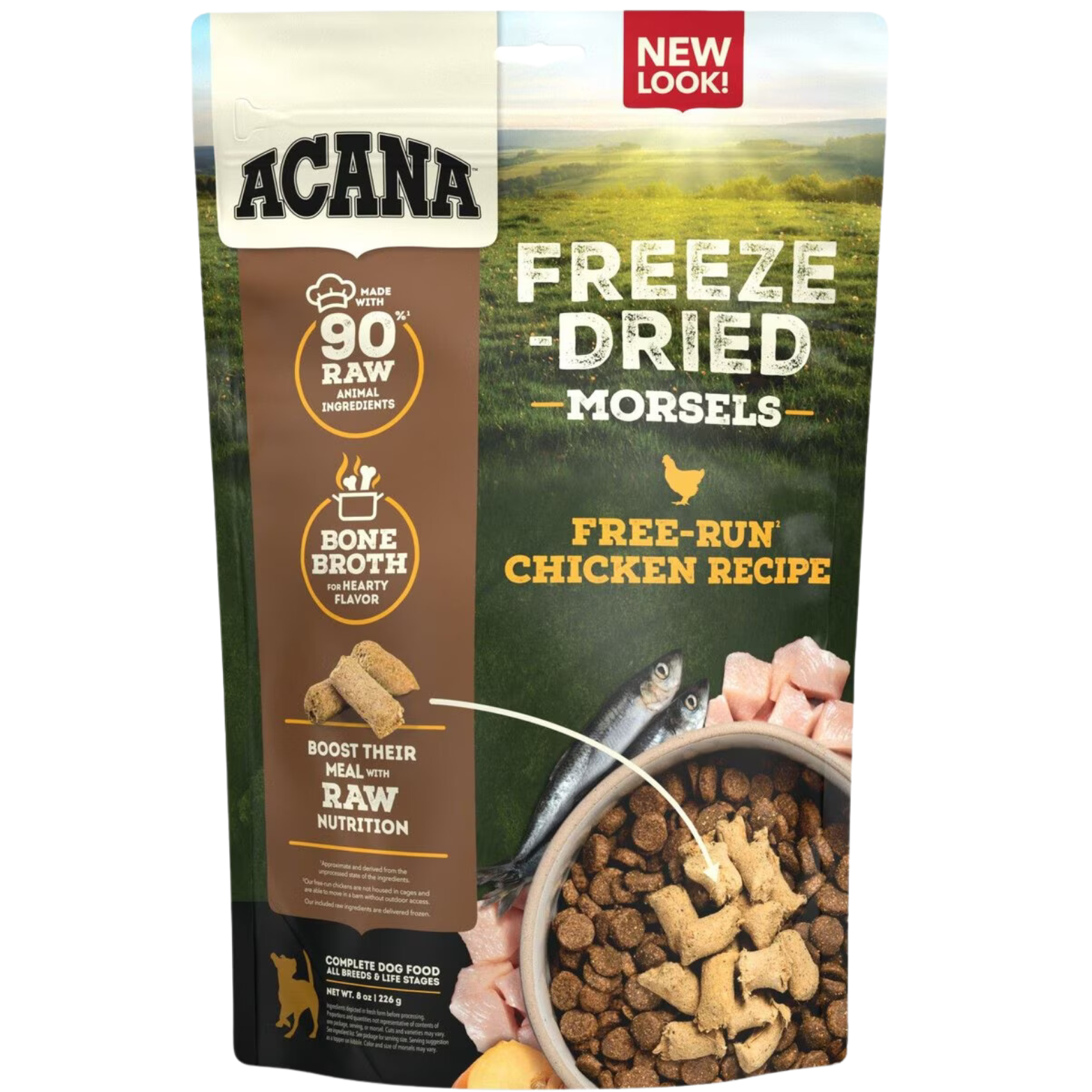 Front of ACANA Freeze-Dried Morsels bag featuring the Free-Run Chicken Recipe with '90% raw animal ingredients,' bone broth callout, and an image showing kibble topped with the freeze-dried morsels alongside raw chicken, fish, and vegetables.