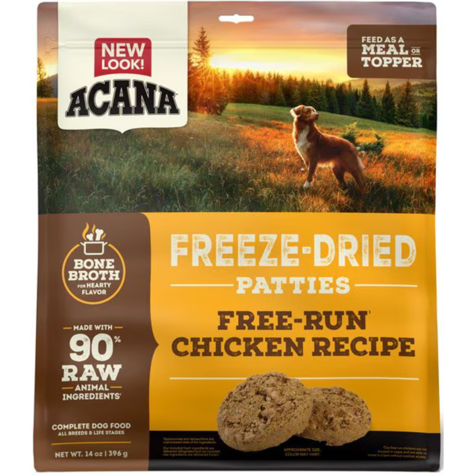 Front of ACANA Freeze-Dried Patties Free-Run Chicken Recipe bag showing product name, bone broth icon, 90% raw animal ingredients claim, and image of two freeze-dried patties.