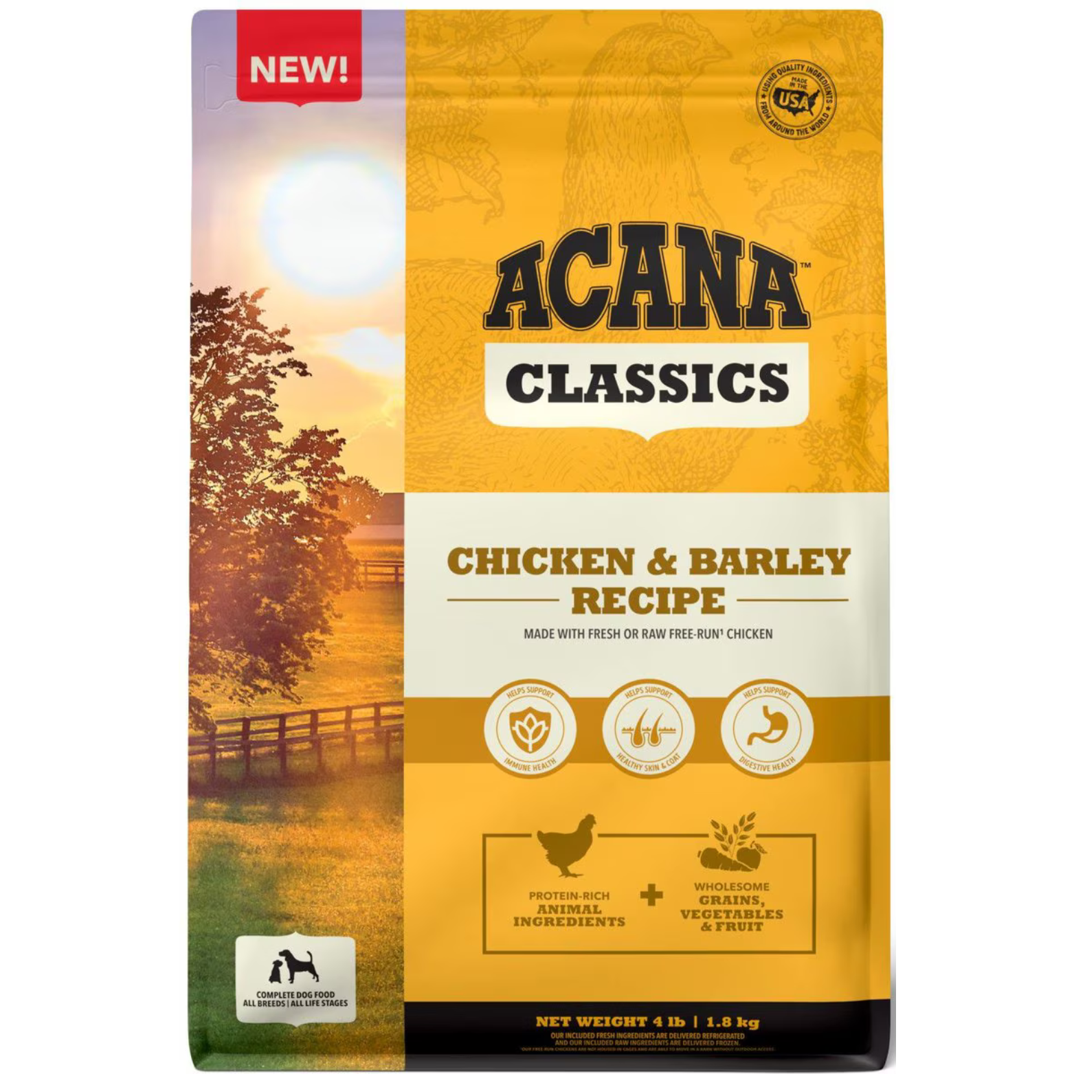 Front of ACANA Classics Chicken & Barley Recipe dry dog food bag labeled “Made with Fresh or Raw Free-Run Chicken,” showing nutrition icons and protein-rich animal ingredients plus wholesome grains.